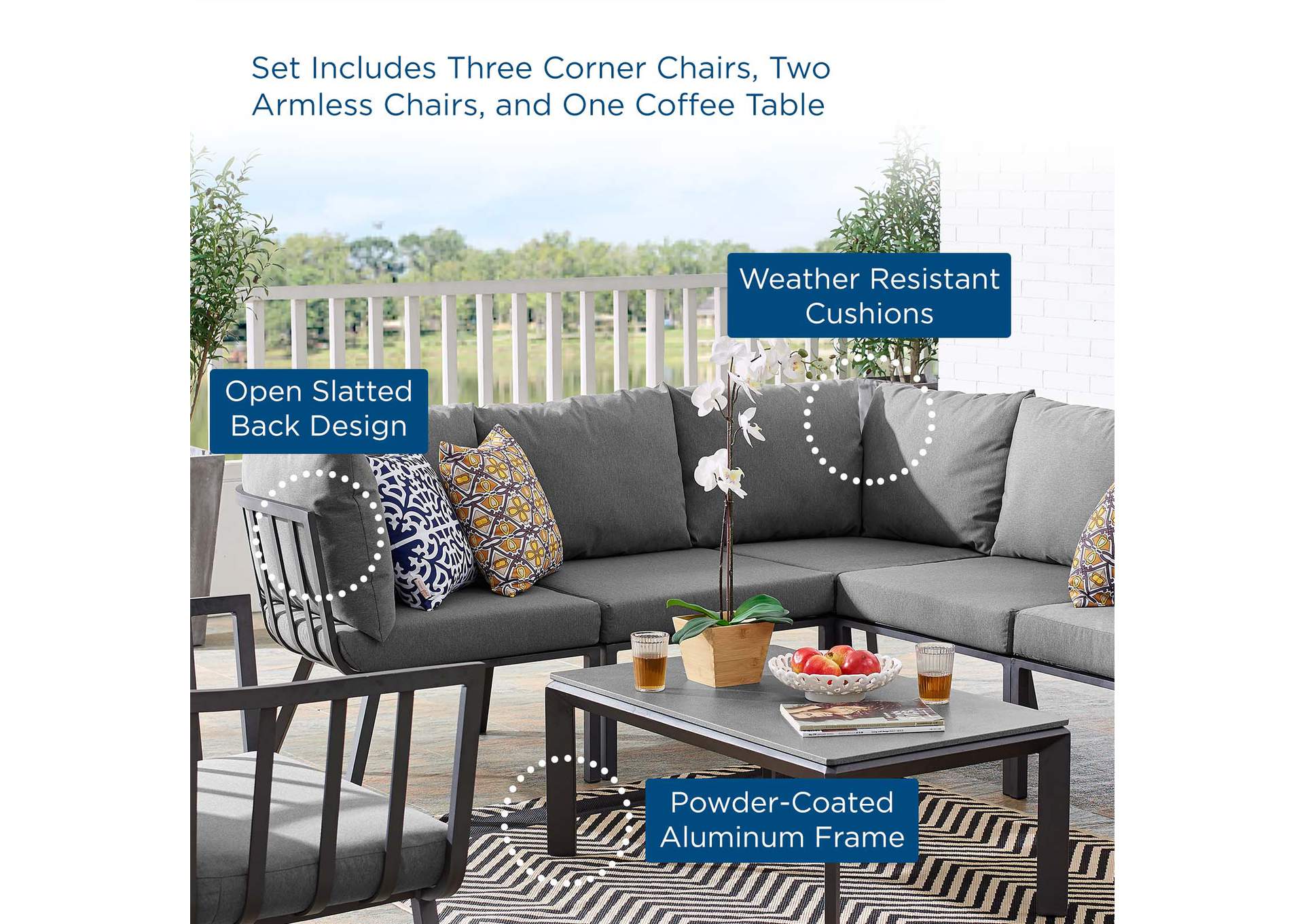 Gray Charcoal Riverside 6 Piece Outdoor Patio Aluminum Set,Modway