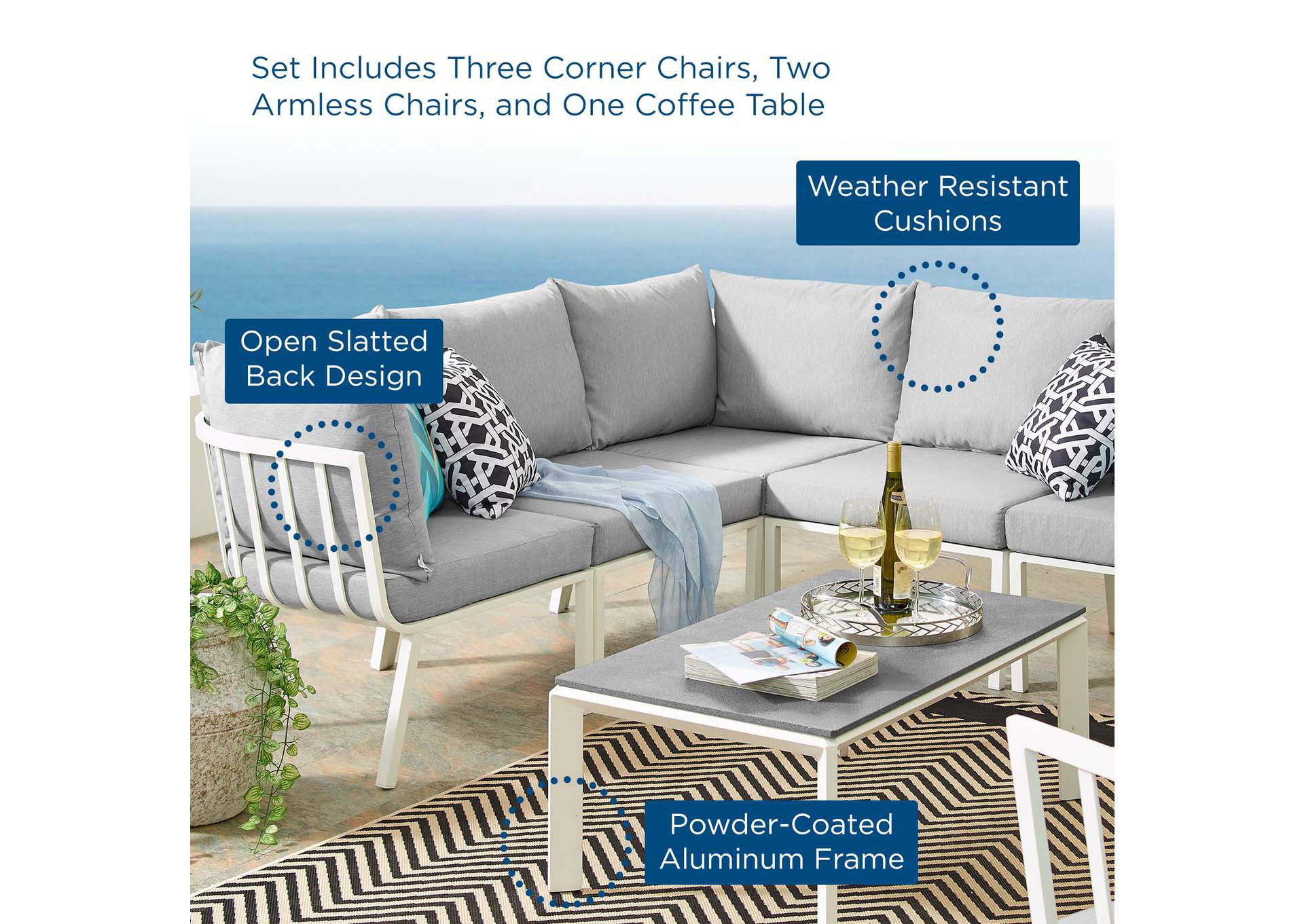 White Gray Riverside 6 Piece Outdoor Patio Aluminum Set,Modway