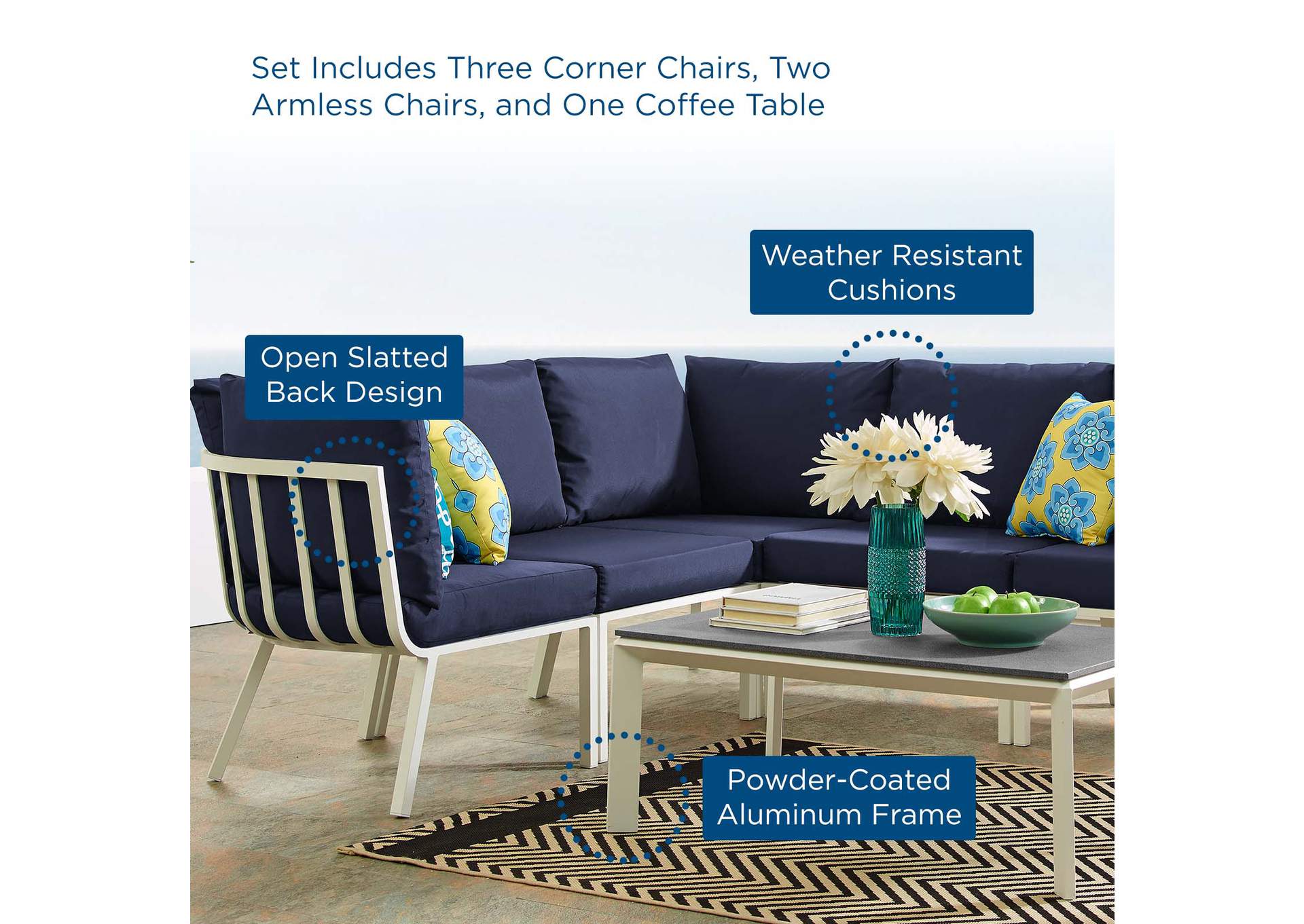 White Navy Riverside 6 Piece Outdoor Patio Aluminum Set,Modway