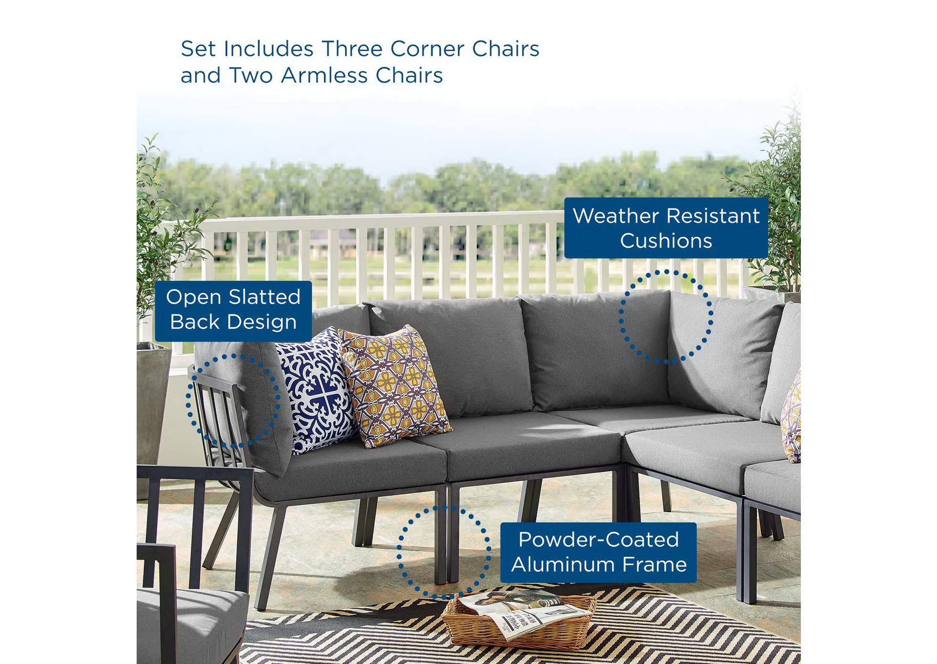 Gray Charcoal Riverside 5 Piece Outdoor Patio Aluminum Sectional,Modway