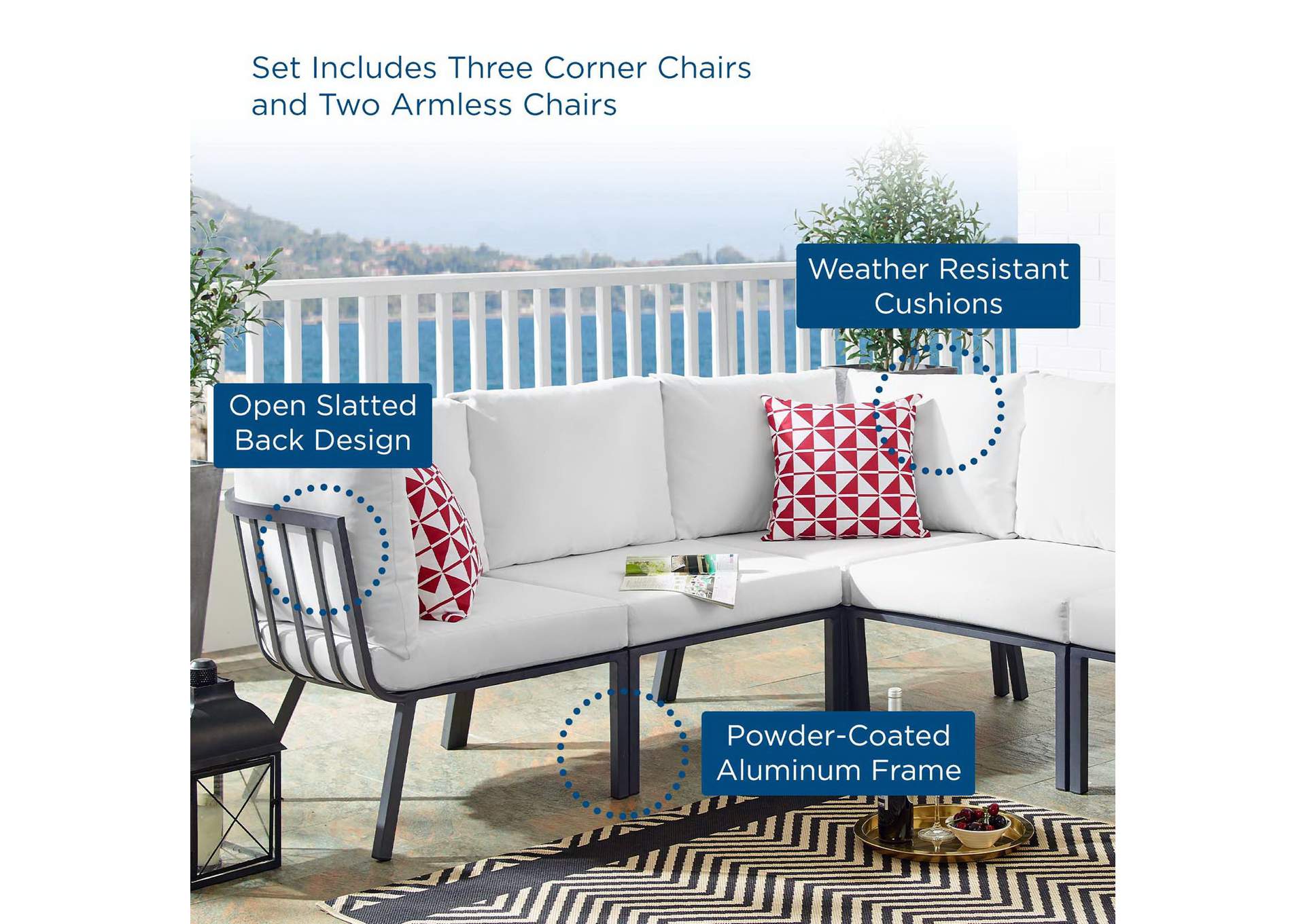 Gray White Riverside 5 Piece Outdoor Patio Aluminum Sectional,Modway