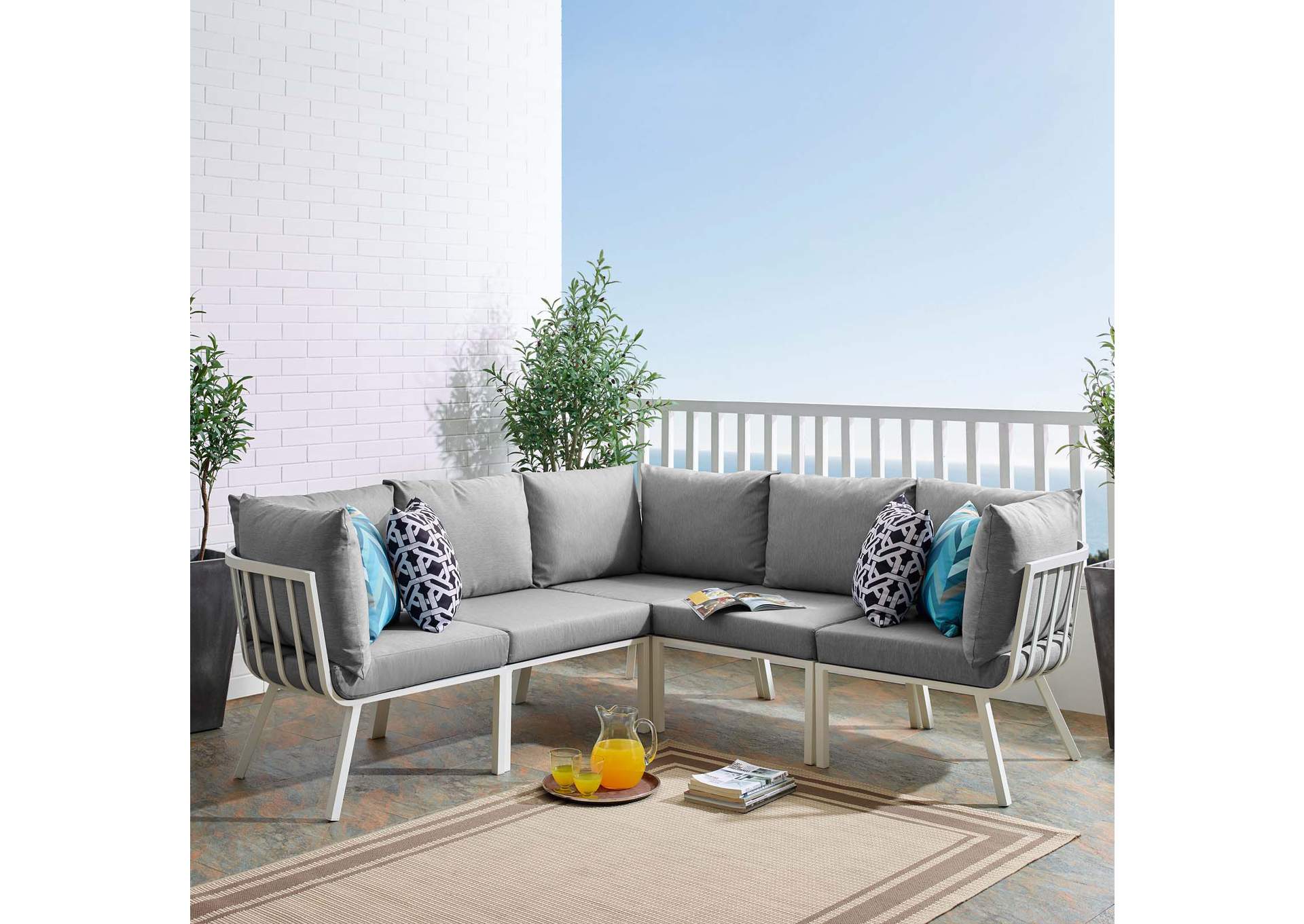 White Gray Riverside 5 Piece Outdoor Patio Aluminum Sectional,Modway