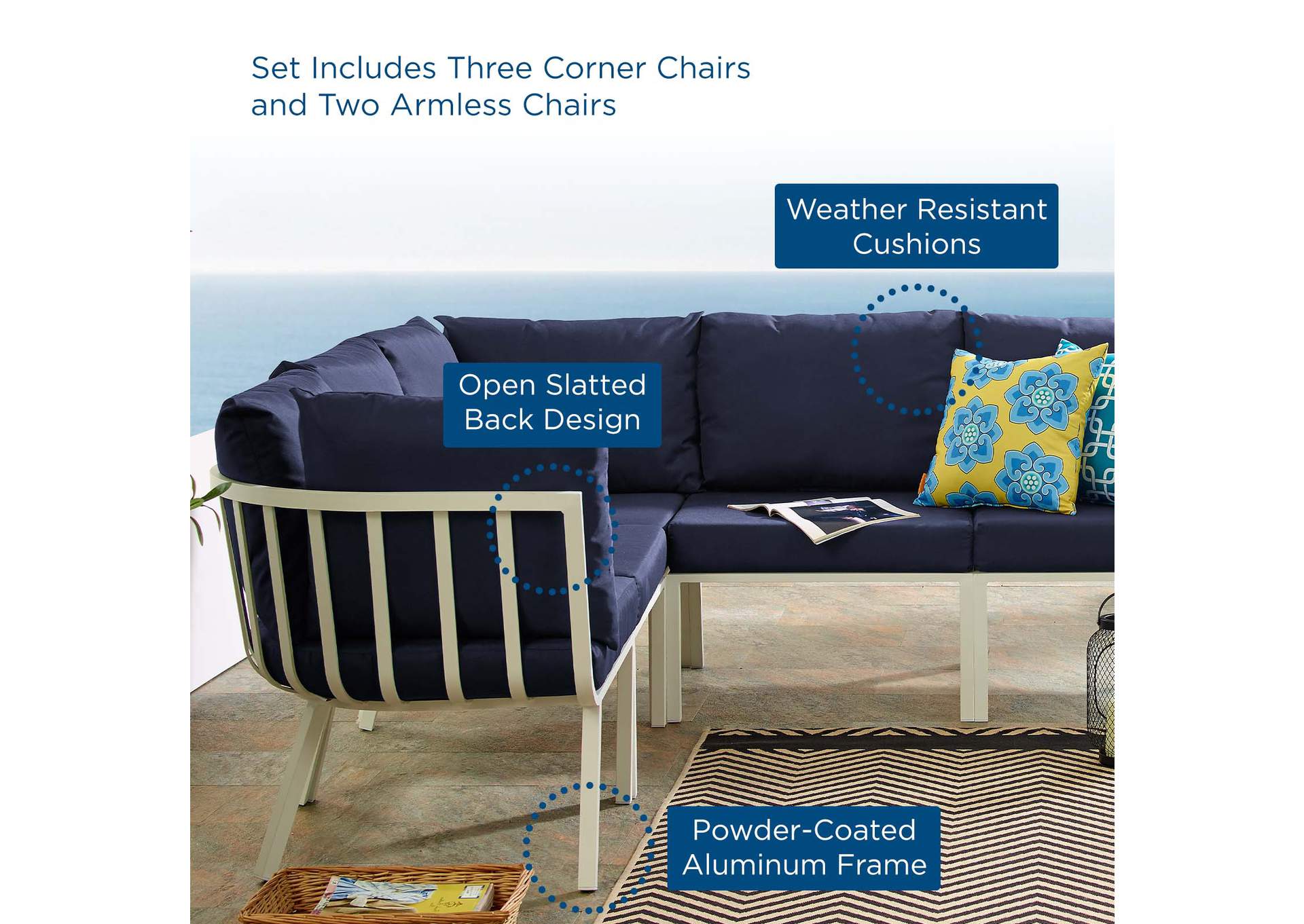 White Navy Riverside 5 Piece Outdoor Patio Aluminum Sectional,Modway