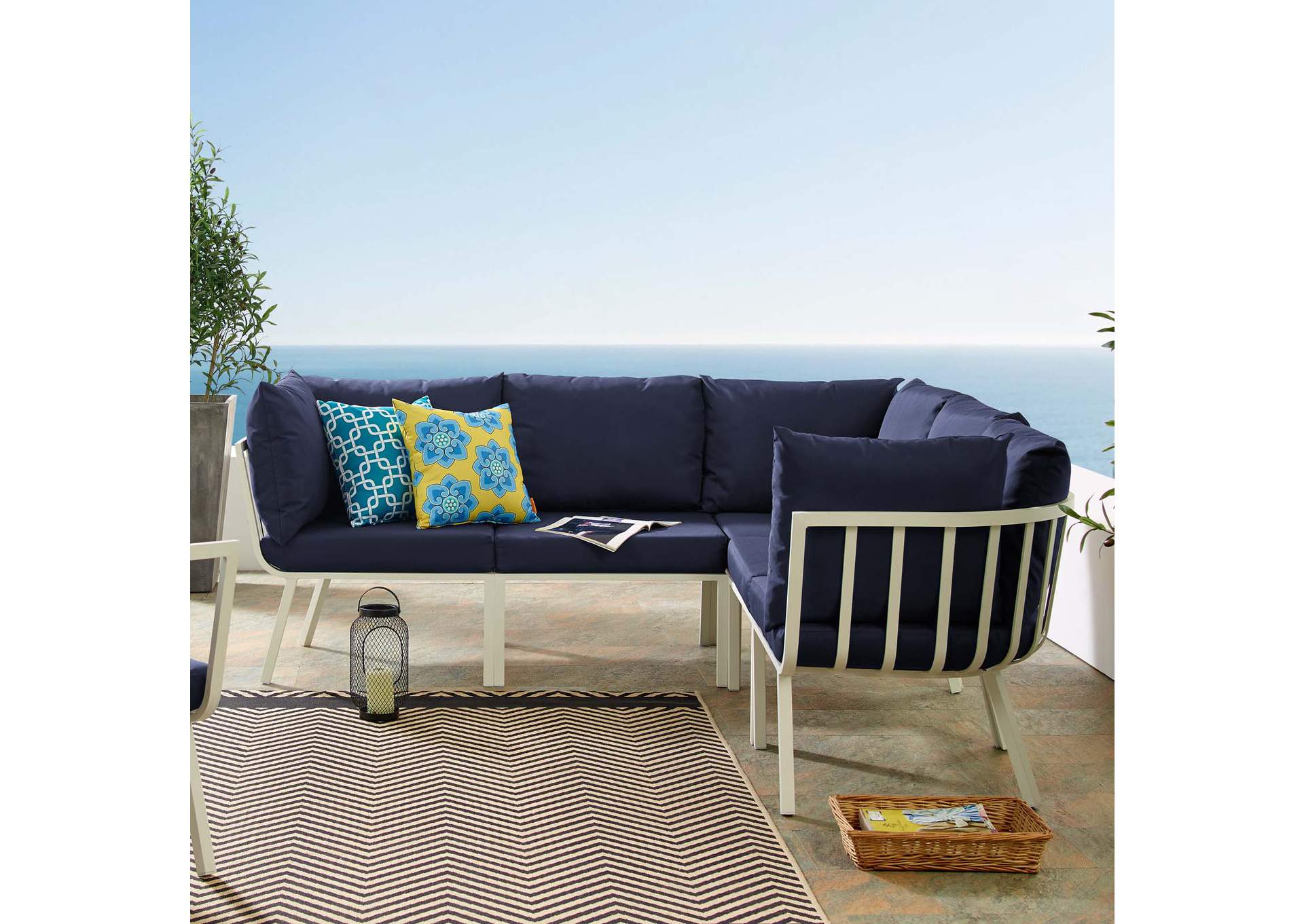 White Navy Riverside 5 Piece Outdoor Patio Aluminum Sectional,Modway
