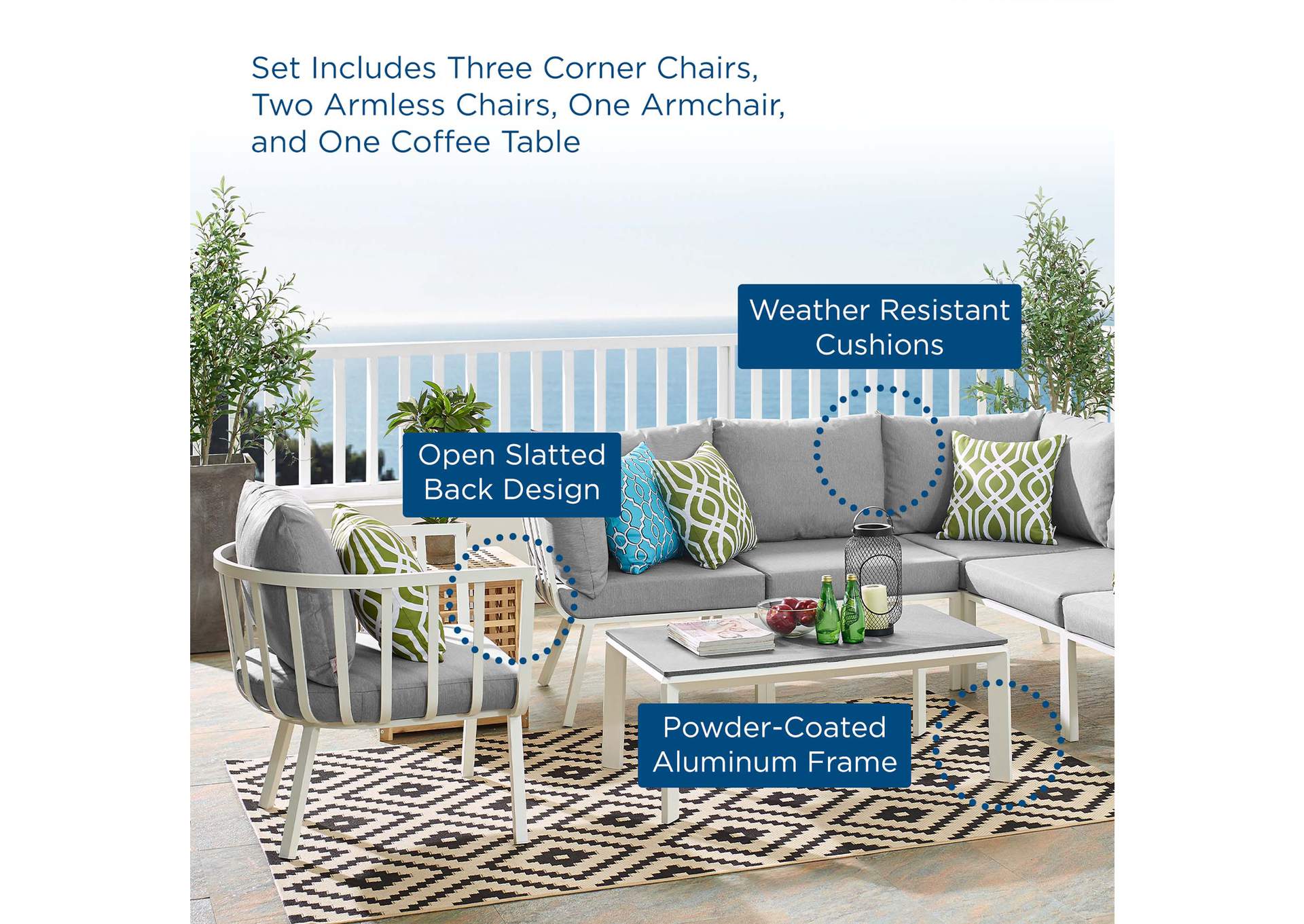 White Gray Riverside 7 Piece Outdoor Patio Aluminum Set,Modway