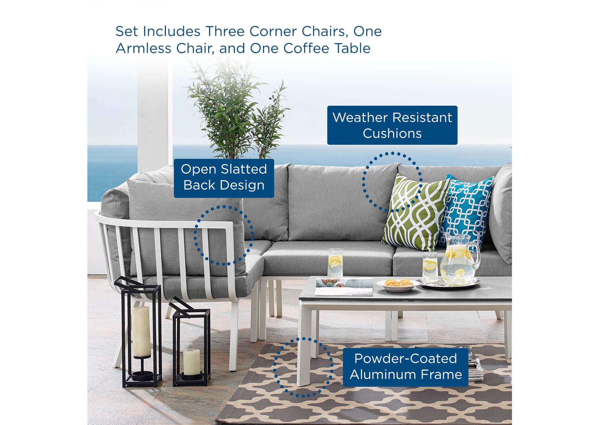 White Gray Riverside 5 Piece Outdoor Patio Aluminum Set,Modway