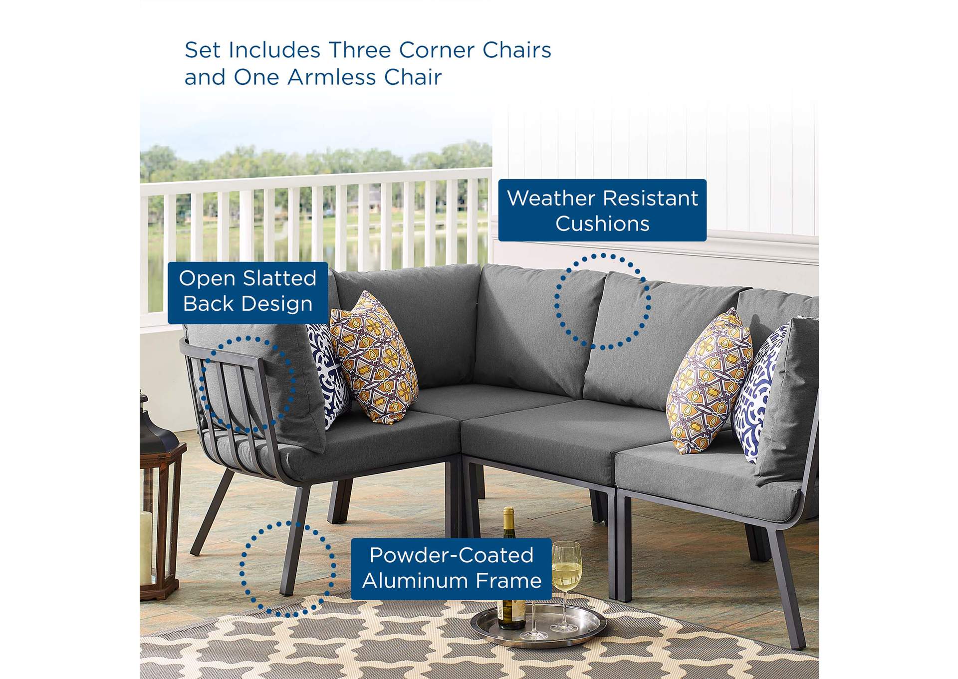 Gray Charcoal Riverside 4 Piece Outdoor Patio Aluminum Sectional,Modway