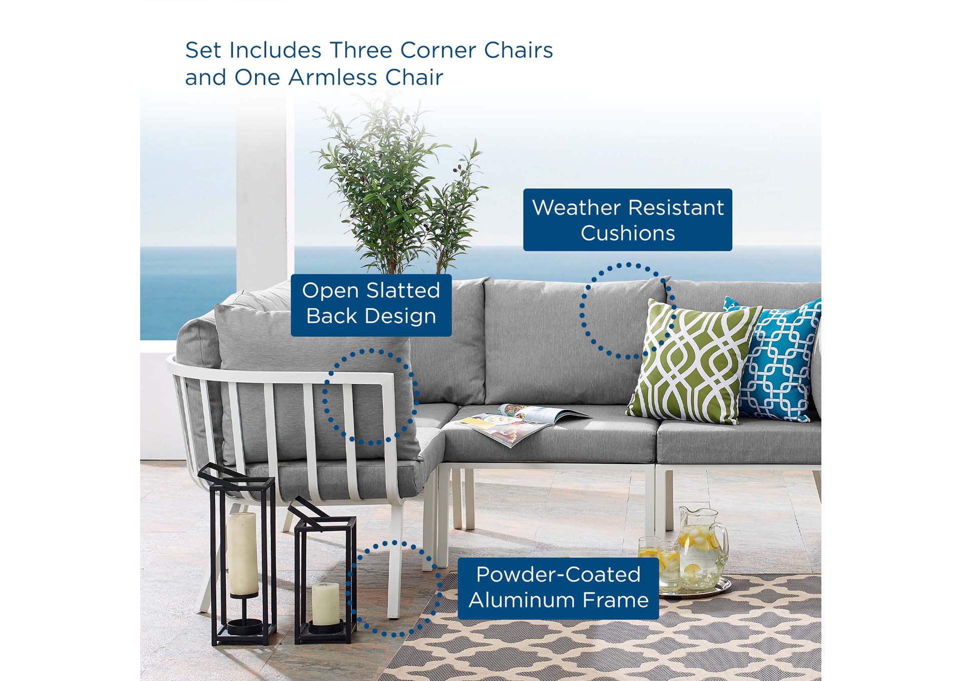 White Gray Riverside 4 Piece Outdoor Patio Aluminum Sectional,Modway