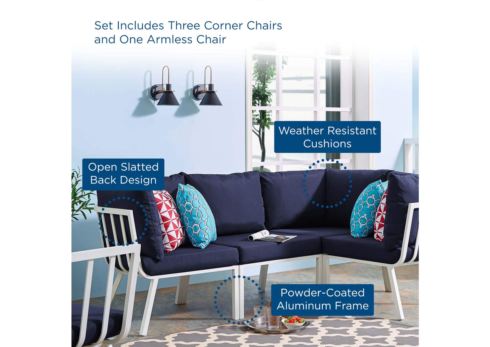White Navy Riverside 4 Piece Outdoor Patio Aluminum Sectional,Modway