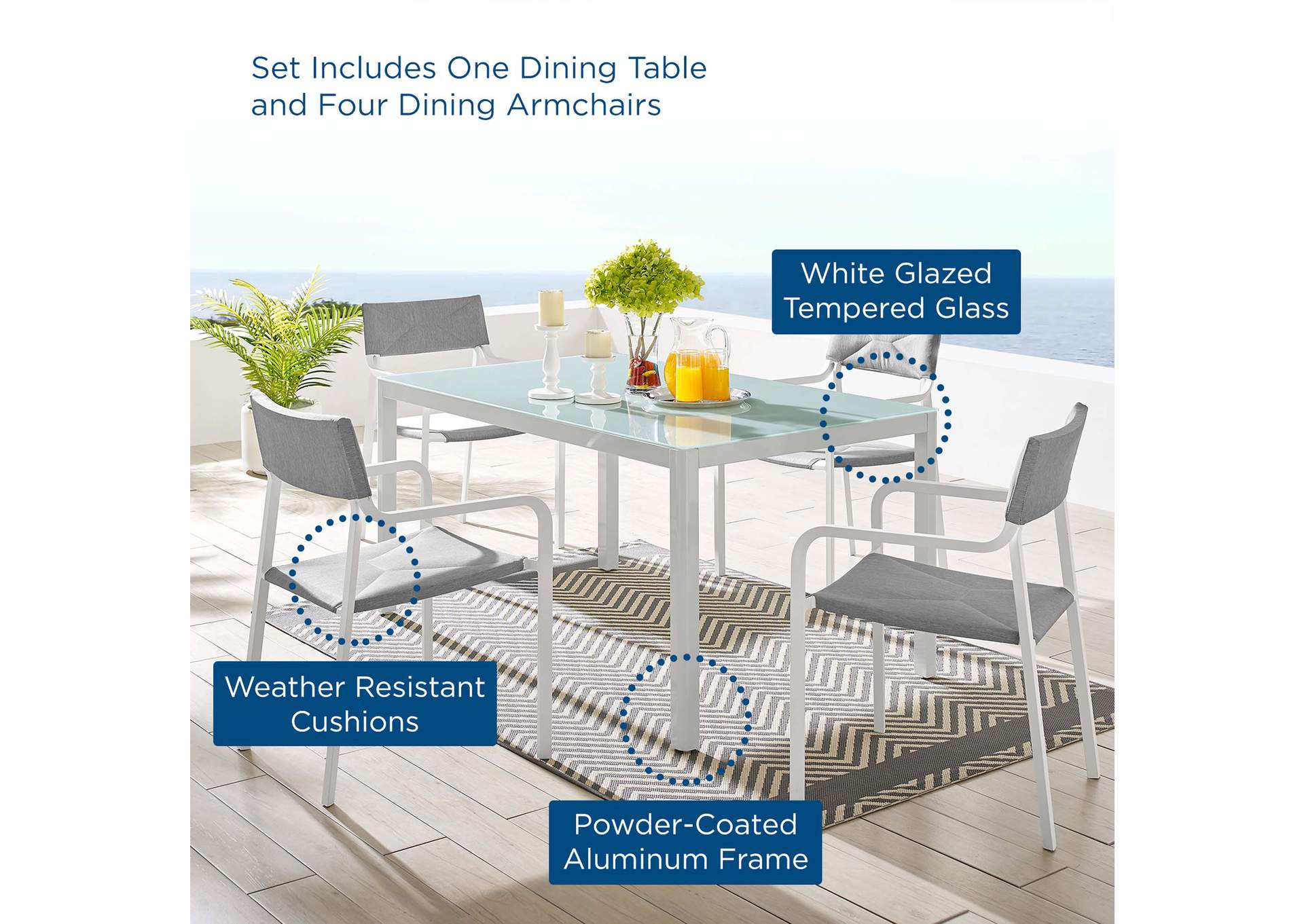 White Gray Raleigh 5 Piece Outdoor Patio Aluminum Dining Set,Modway