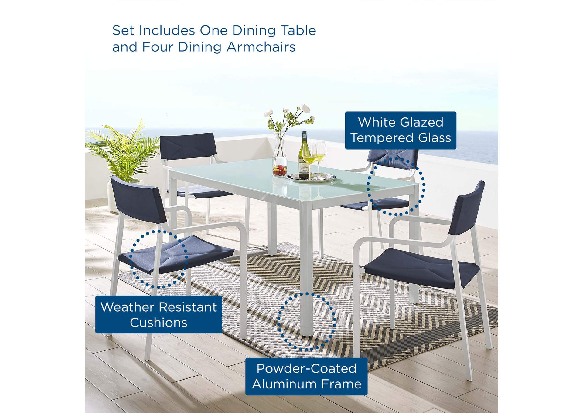 White Navy Raleigh 5 Piece Outdoor Patio Aluminum Dining Set,Modway