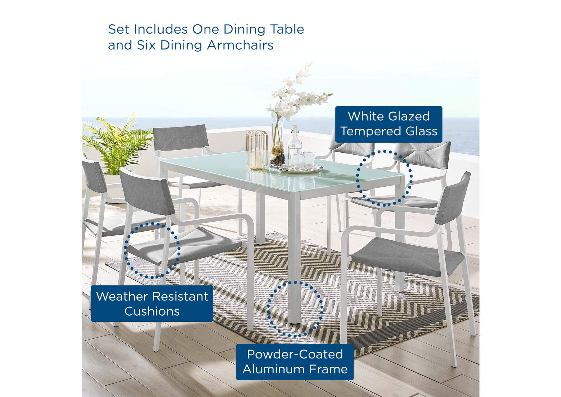 White Gray Raleigh 7 Piece Outdoor Patio Aluminum Dining Set,Modway