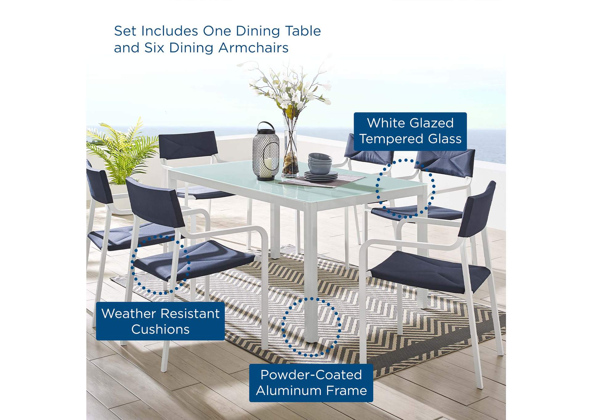 White Navy Raleigh 7 Piece Outdoor Patio Aluminum Dining Set,Modway