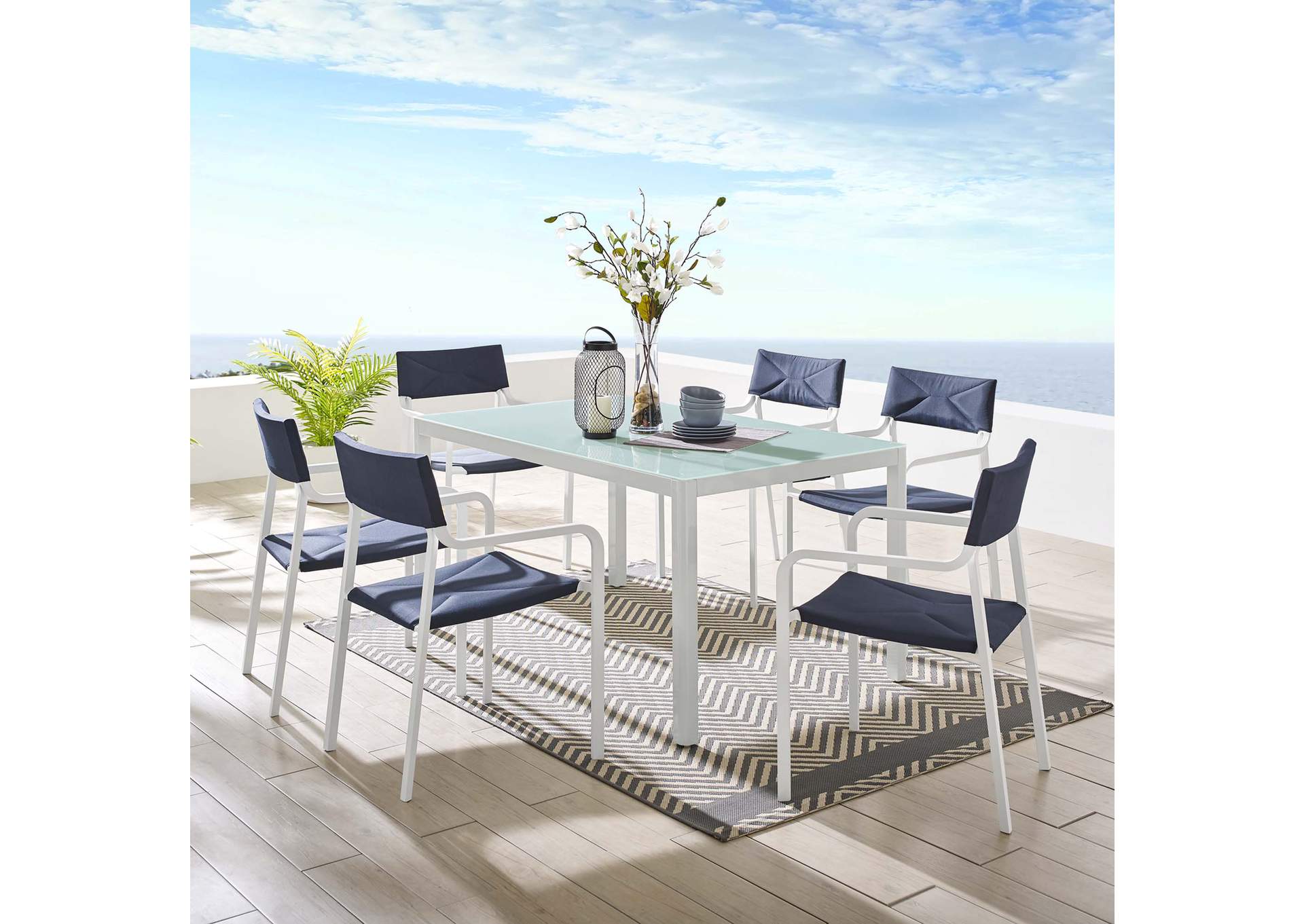 White Navy Raleigh 7 Piece Outdoor Patio Aluminum Dining Set,Modway