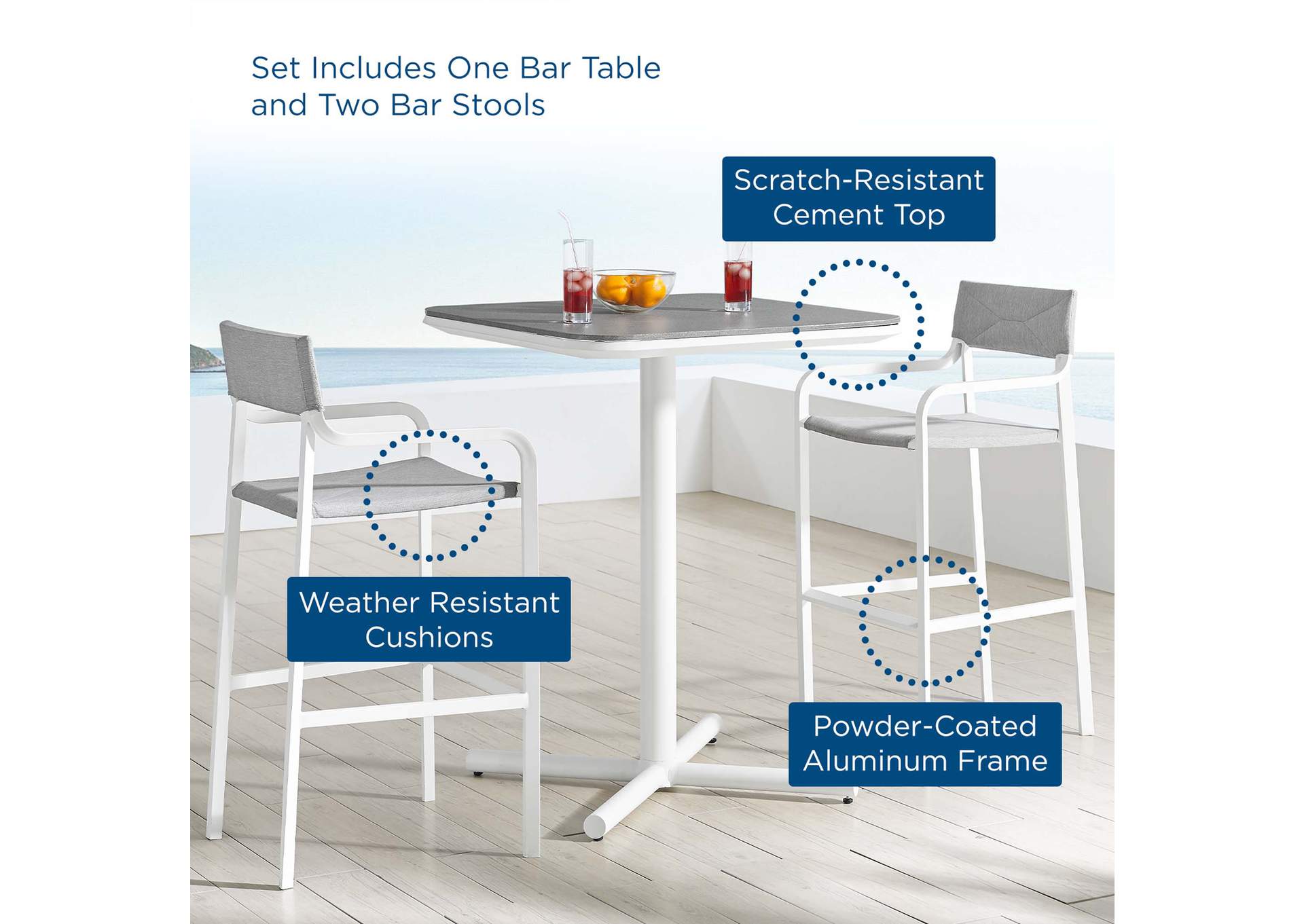 White Gray Raleigh 3 Piece Outdoor Patio Aluminum Bar Set,Modway