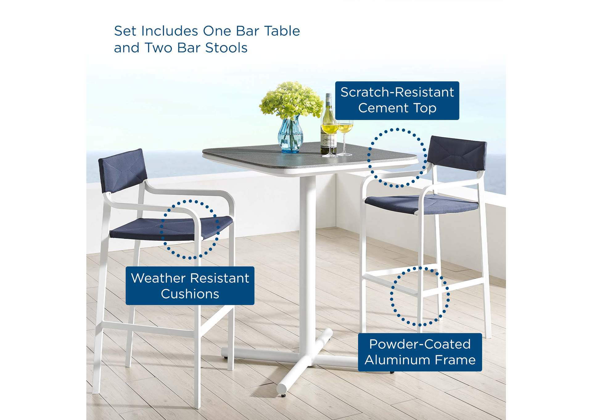 White Navy Raleigh 3 Piece Outdoor Patio Aluminum Bar Set,Modway
