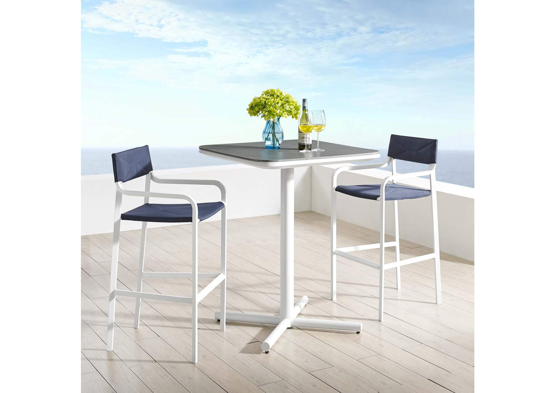 White Navy Raleigh 3 Piece Outdoor Patio Aluminum Bar Set,Modway