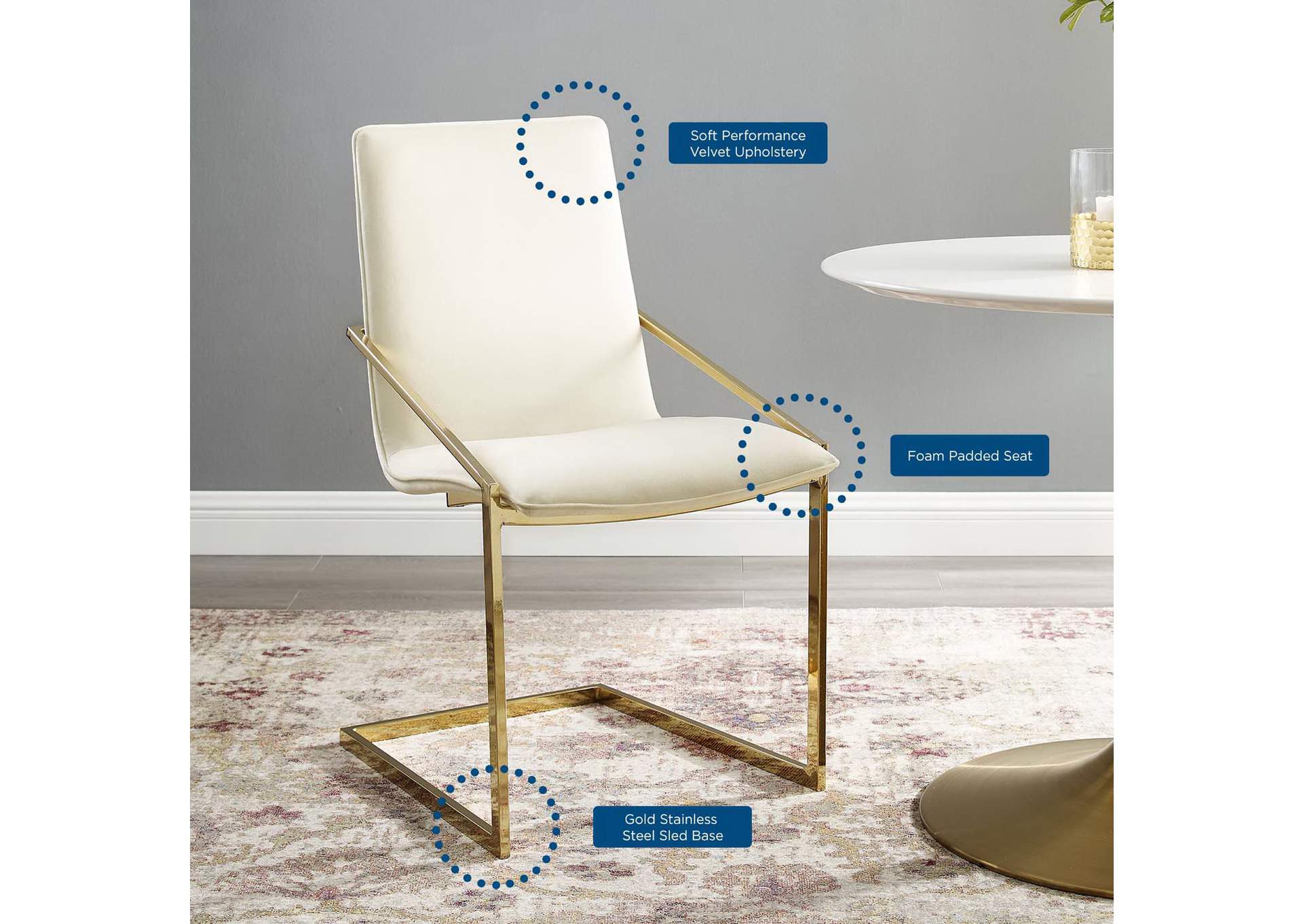 Gold Ivory Pitch Performance Velvet Arm Dining Chair,Modway