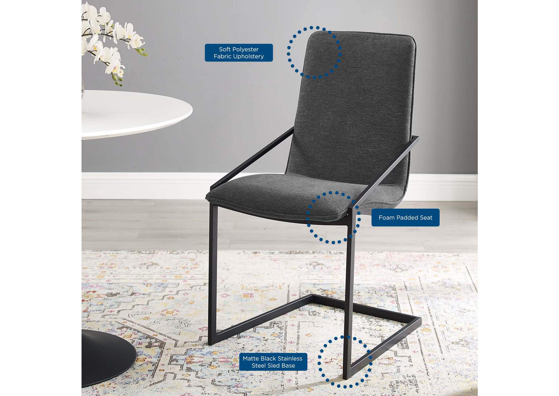 Black Charcoal Pitch Upholstered Fabric Arm Dining Chair,Modway
