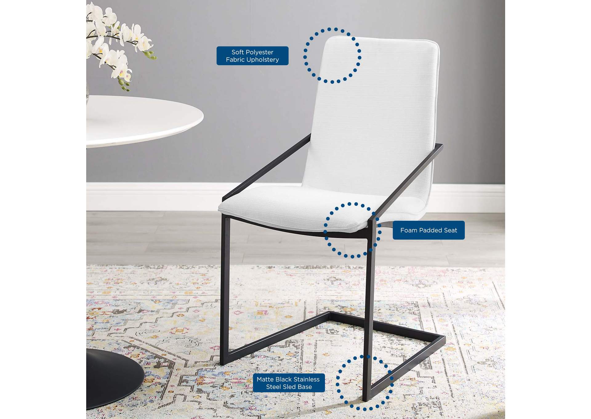 Black White Pitch Upholstered Fabric Arm Dining Chair,Modway