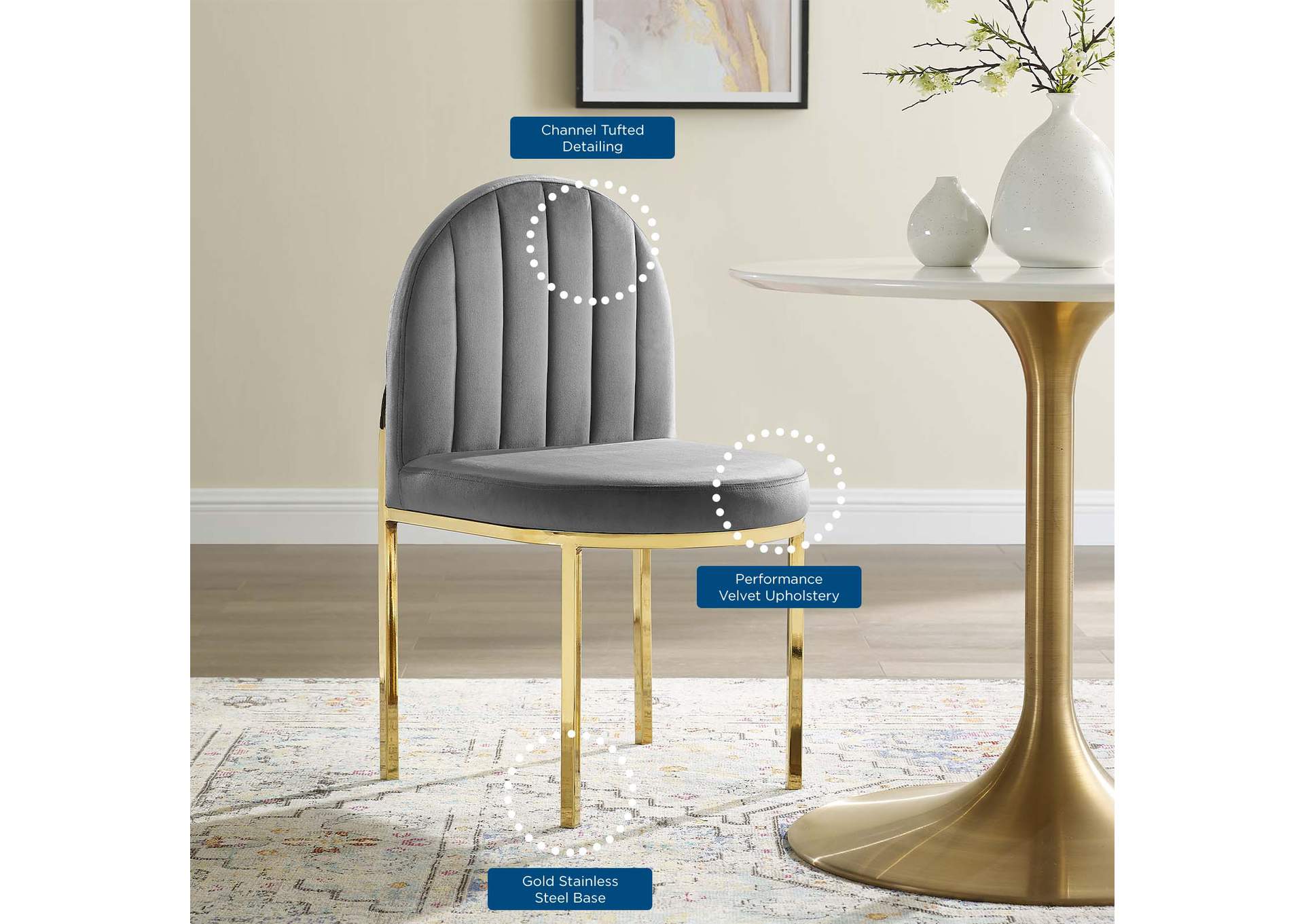 Gold Gray Isla Channel Tufted Performance Velvet Dining Side Chair,Modway
