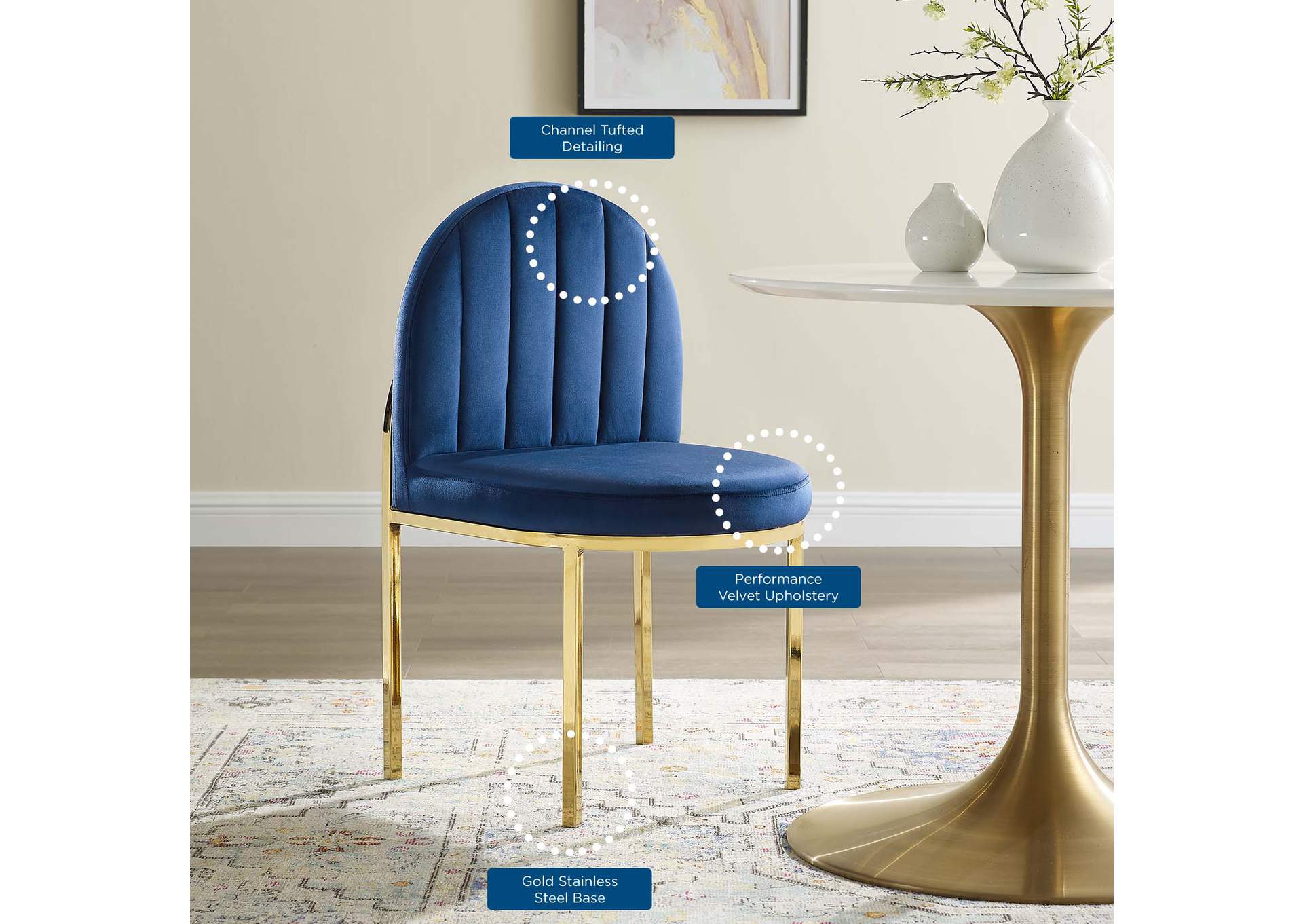 Gold Navy Isla Channel Tufted Performance Velvet Dining Side Chair,Modway