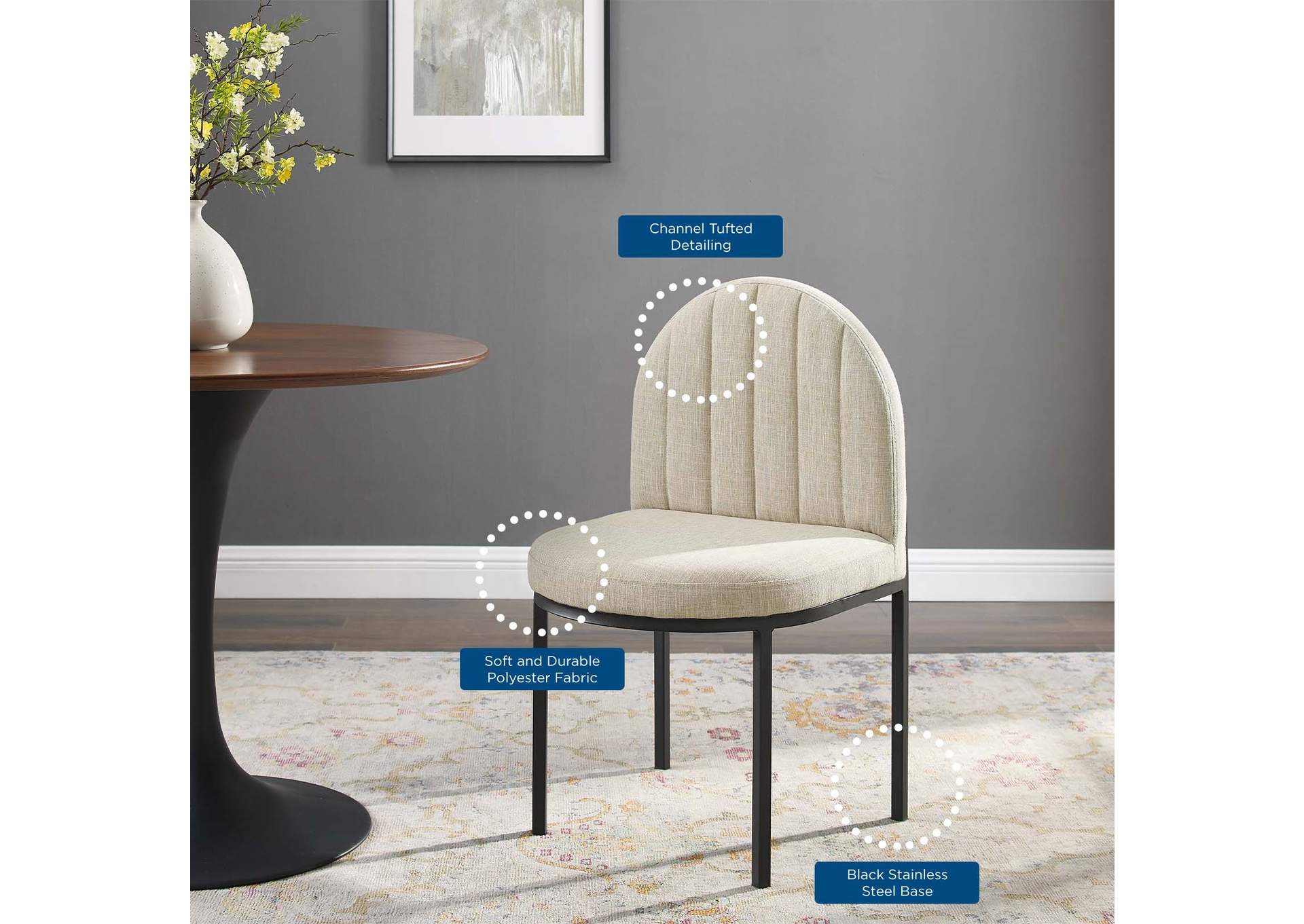 Black Beige Isla Channel Tufted Upholstered Fabric Dining Side Chair,Modway