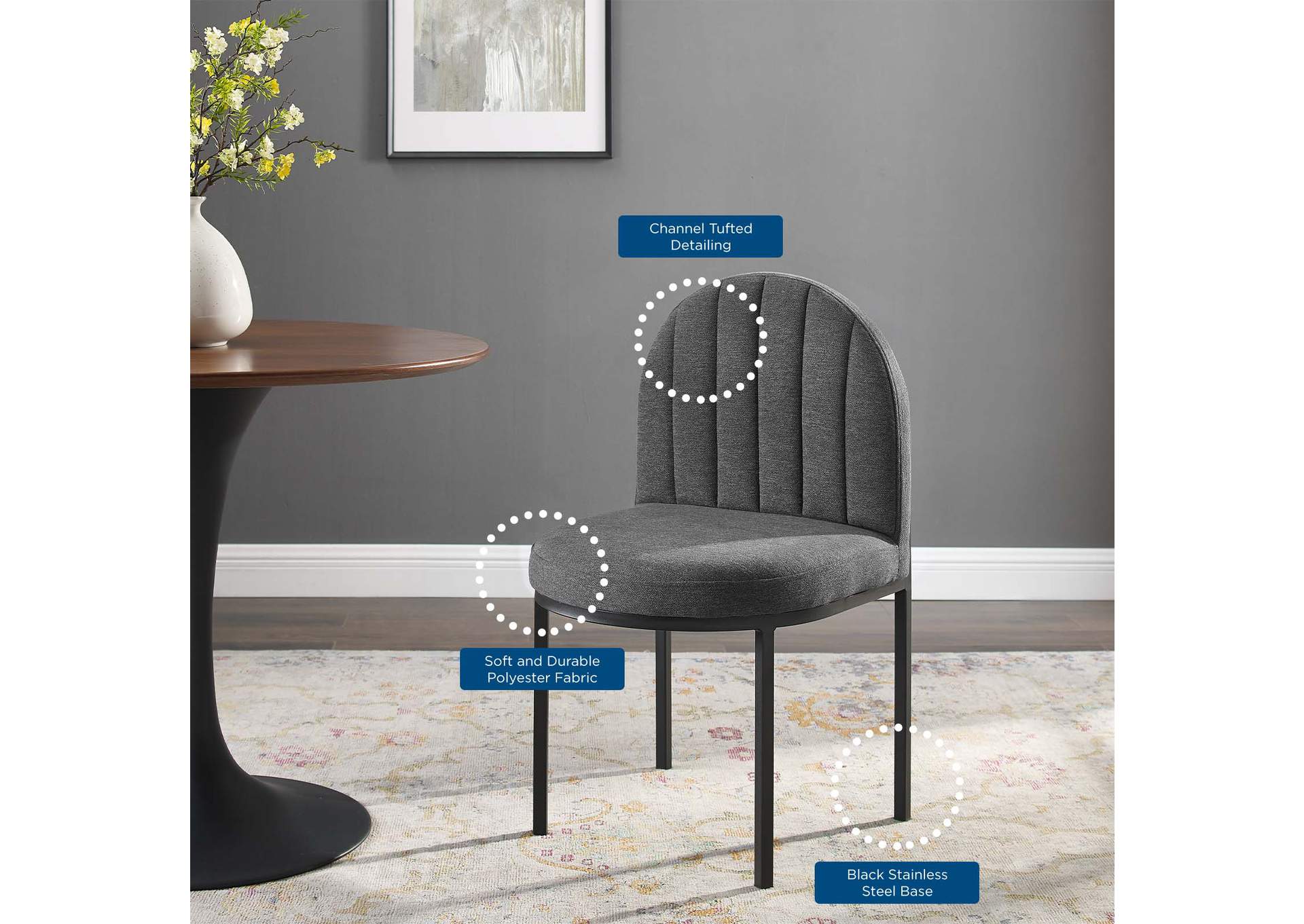Black Charcoal Isla Channel Tufted Upholstered Fabric Dining Side Chair,Modway