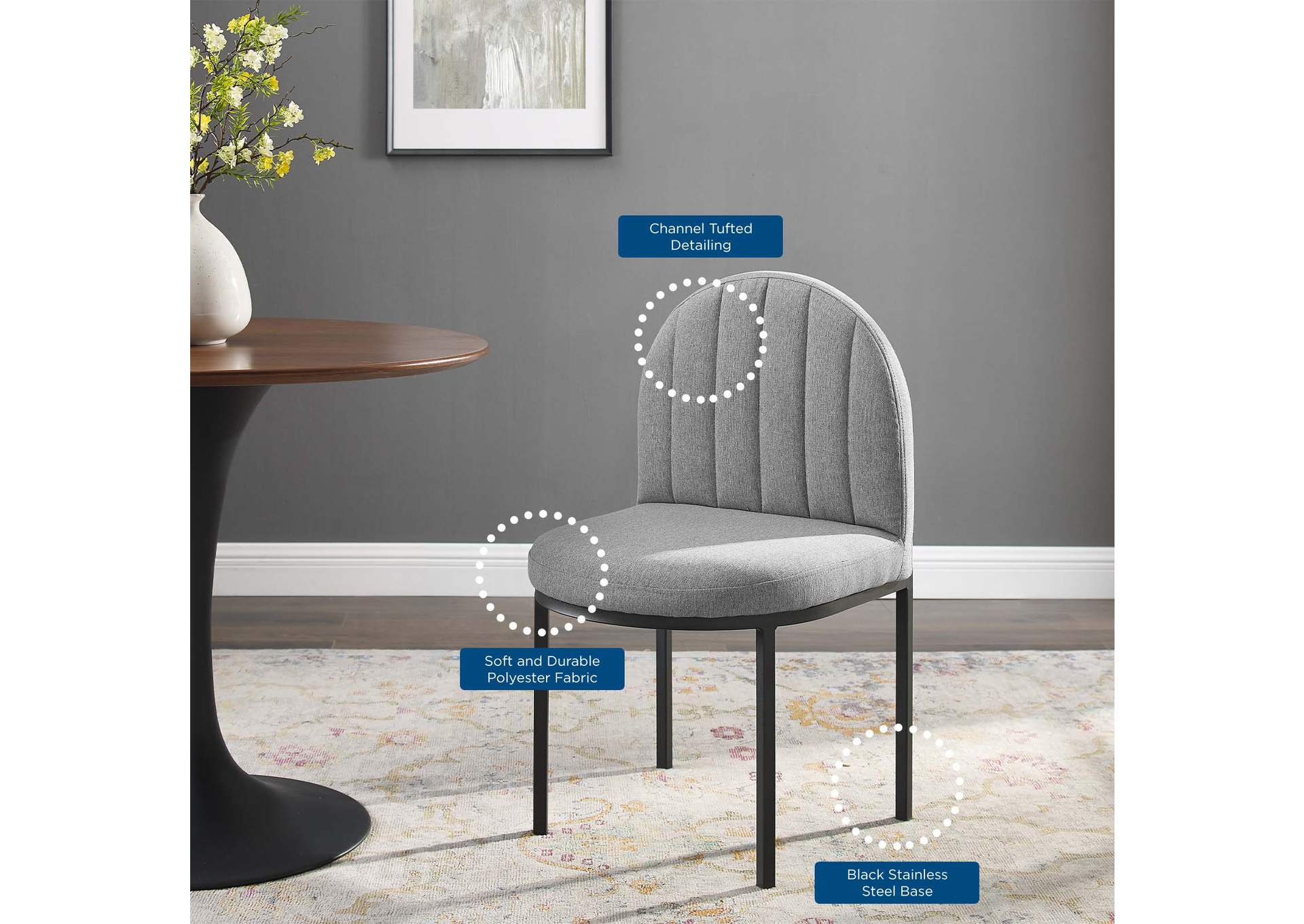 Black Light Gray Isla Channel Tufted Upholstered Fabric Dining Side Chair,Modway