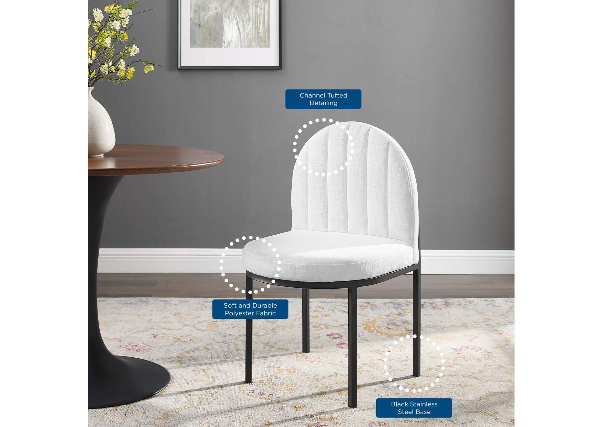 Black White Isla Channel Tufted Upholstered Fabric Dining Side Chair,Modway