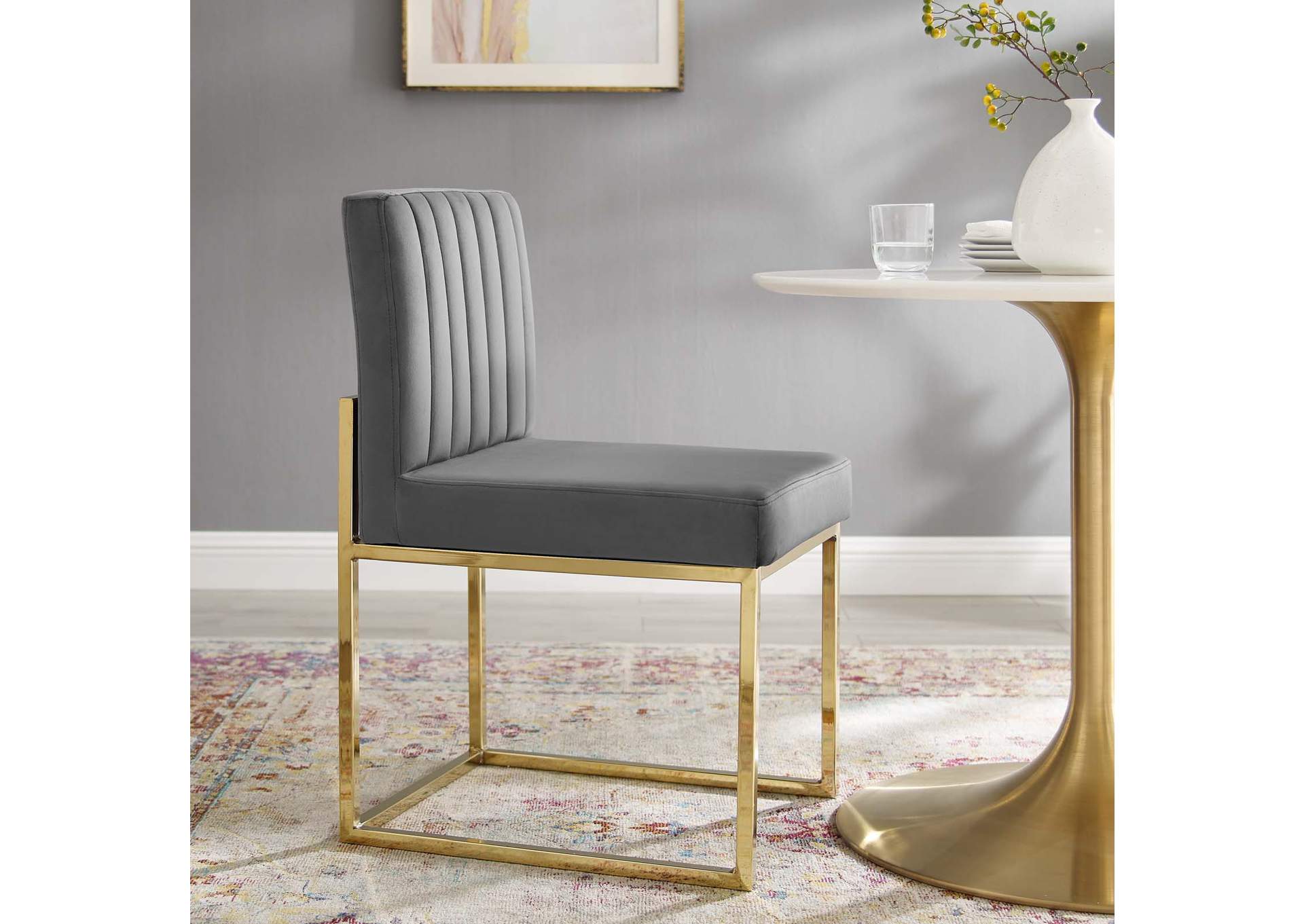 Gold Charcoal Carriage Channel Tufted Sled Base Performance Velvet Dining Chair,Modway