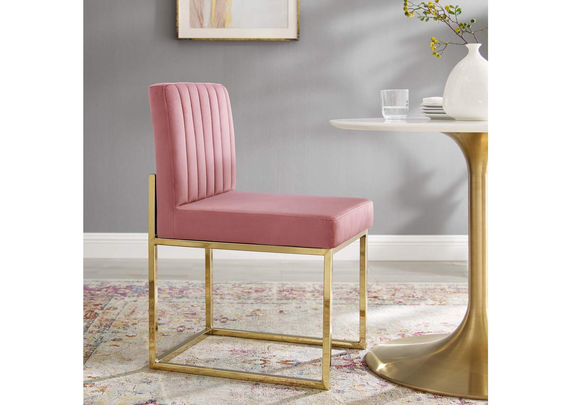 Gold Dusty Rose Carriage Channel Tufted Sled Base Performance Velvet Dining Chair,Modway
