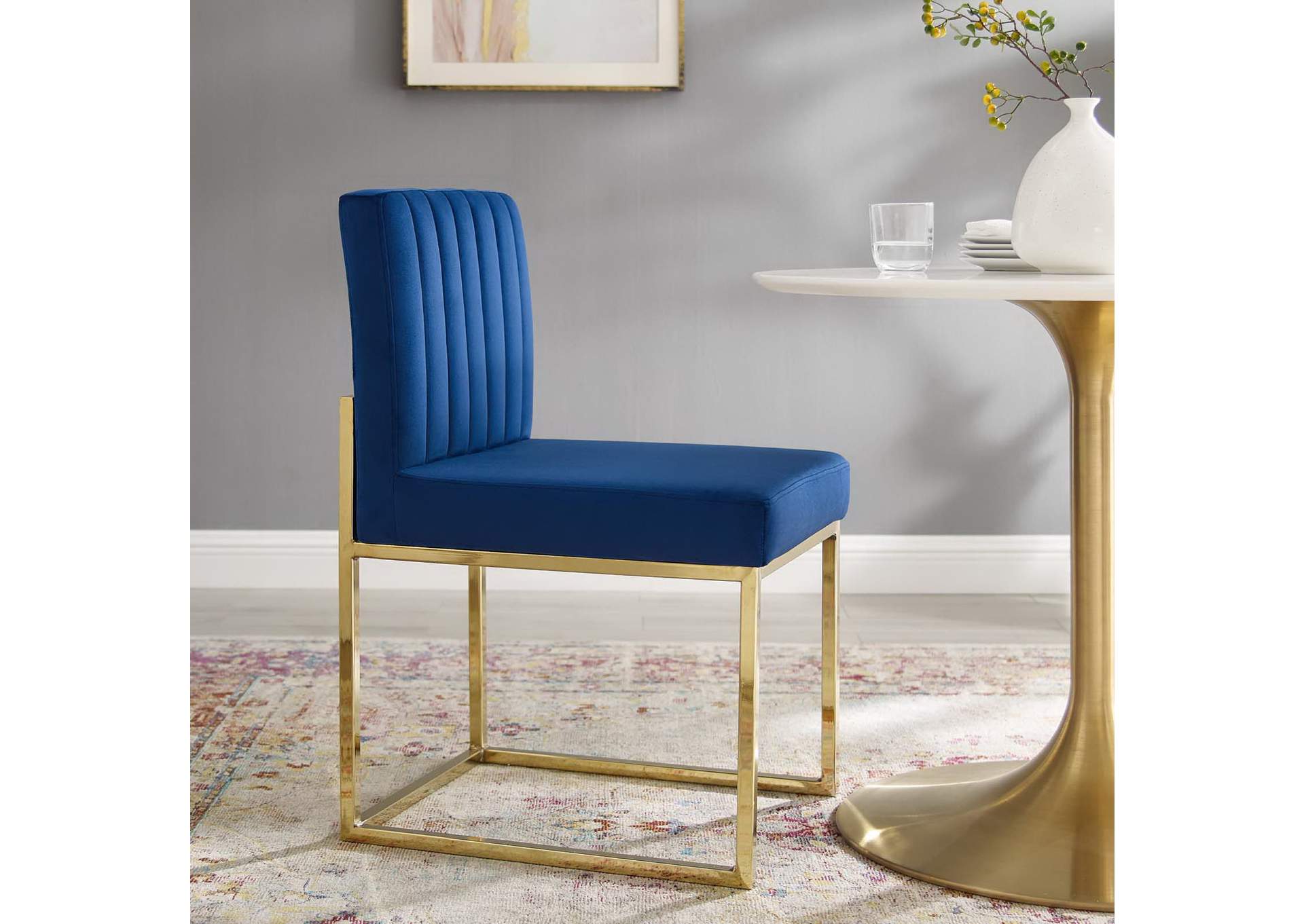 Gold Navy Carriage Channel Tufted Sled Base Performance Velvet Dining Chair,Modway