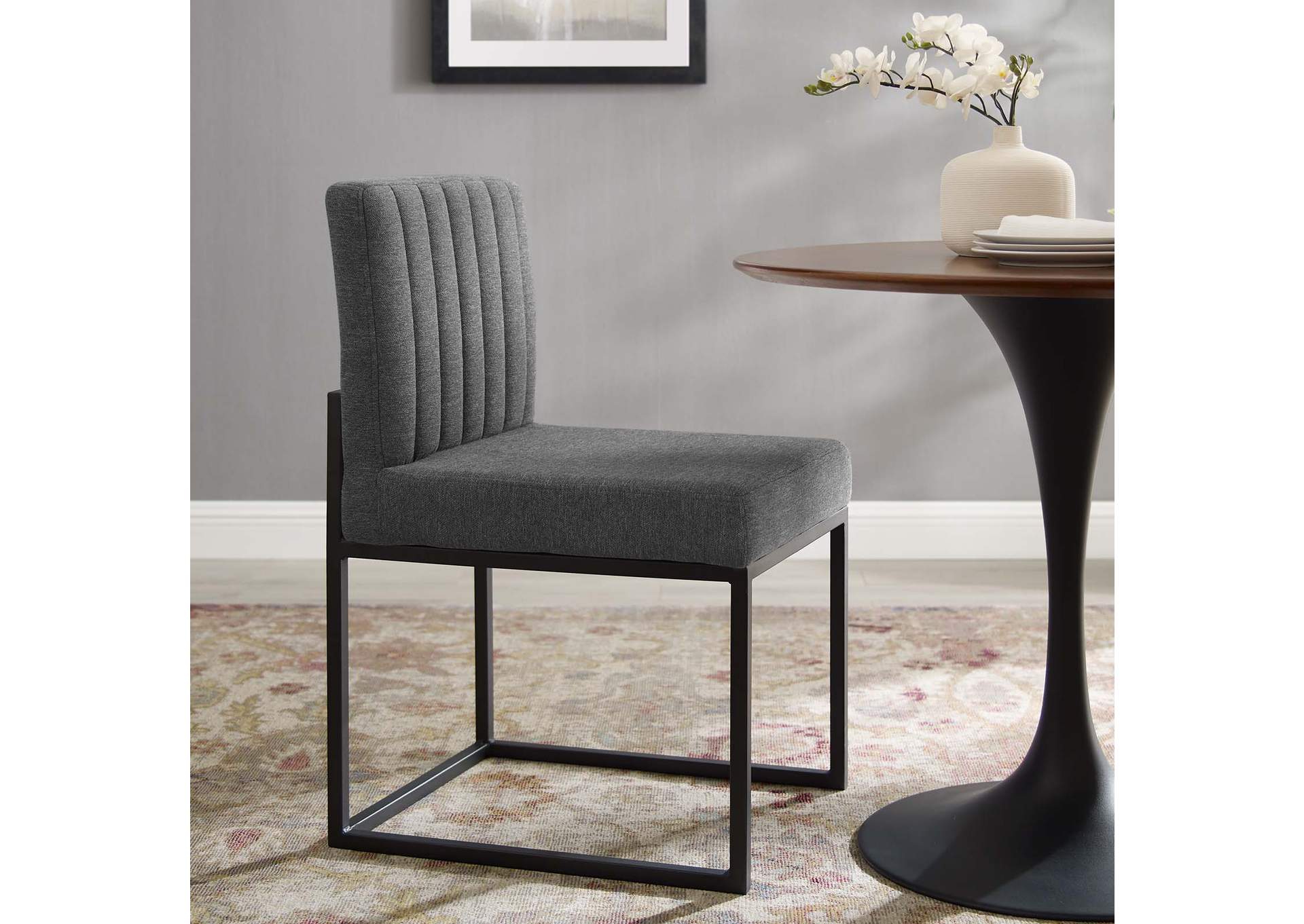 Black Charcoal Carriage Channel Tufted Sled Base Upholstered Fabric Dining Chair,Modway