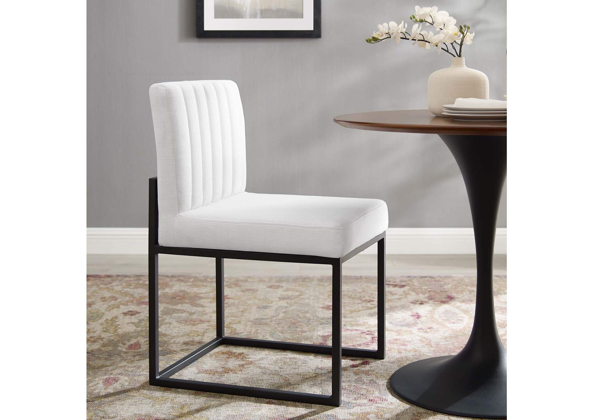 Black White Carriage Channel Tufted Sled Base Upholstered Fabric Dining Chair,Modway