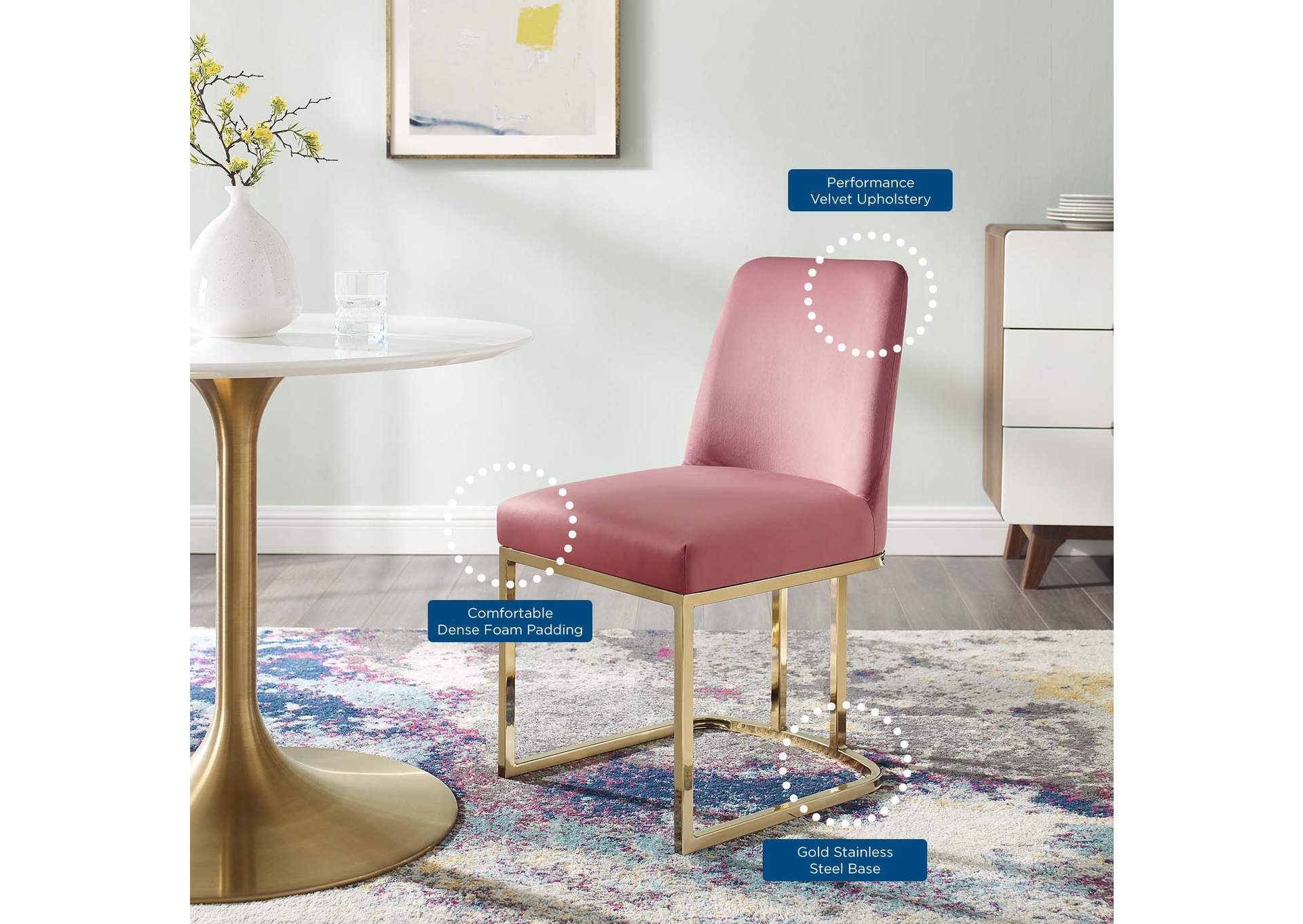 Gold Dusty Rose Amplify Sled Base Performance Velvet Dining Side Chair,Modway
