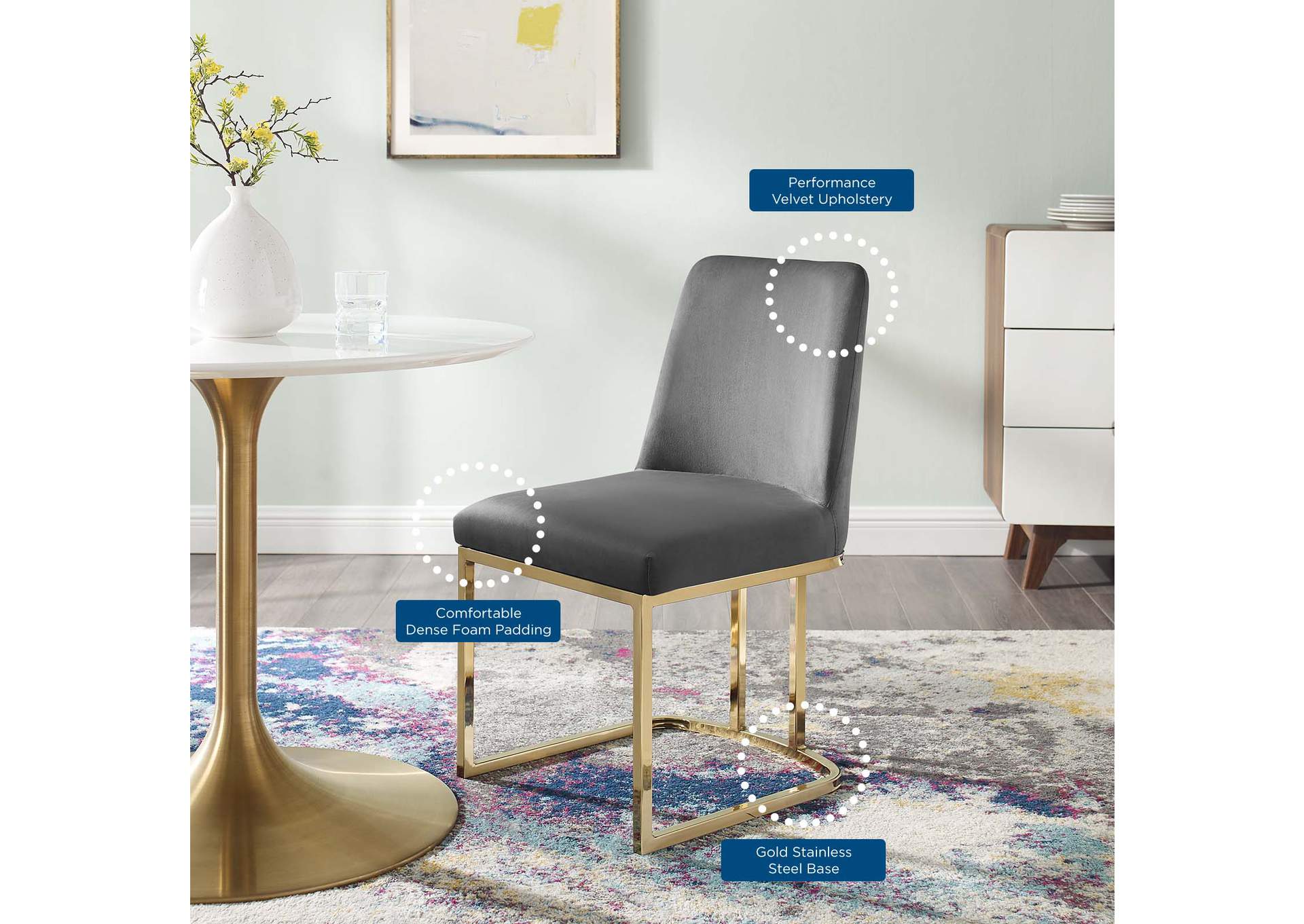 Gold Gray Amplify Sled Base Performance Velvet Dining Side Chair,Modway