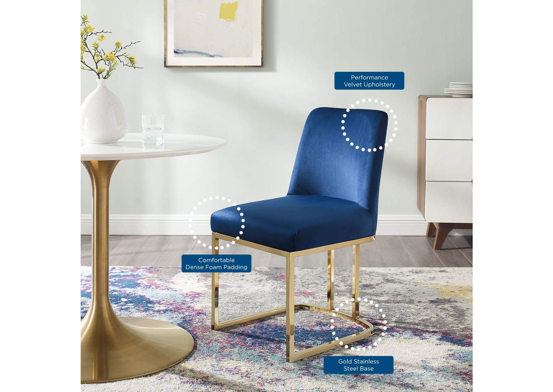 Gold Navy Amplify Sled Base Performance Velvet Dining Side Chair,Modway