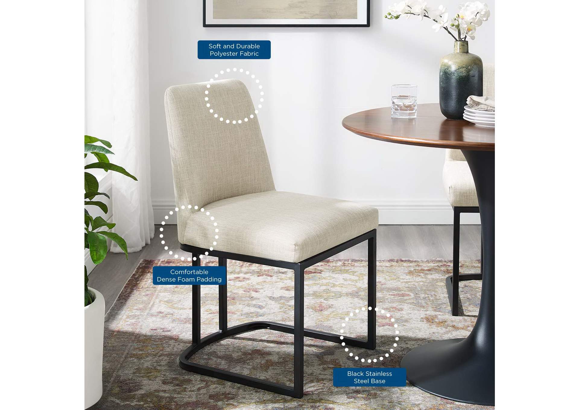 Black Beige Amplify Sled Base Upholstered Fabric Dining Side Chair,Modway