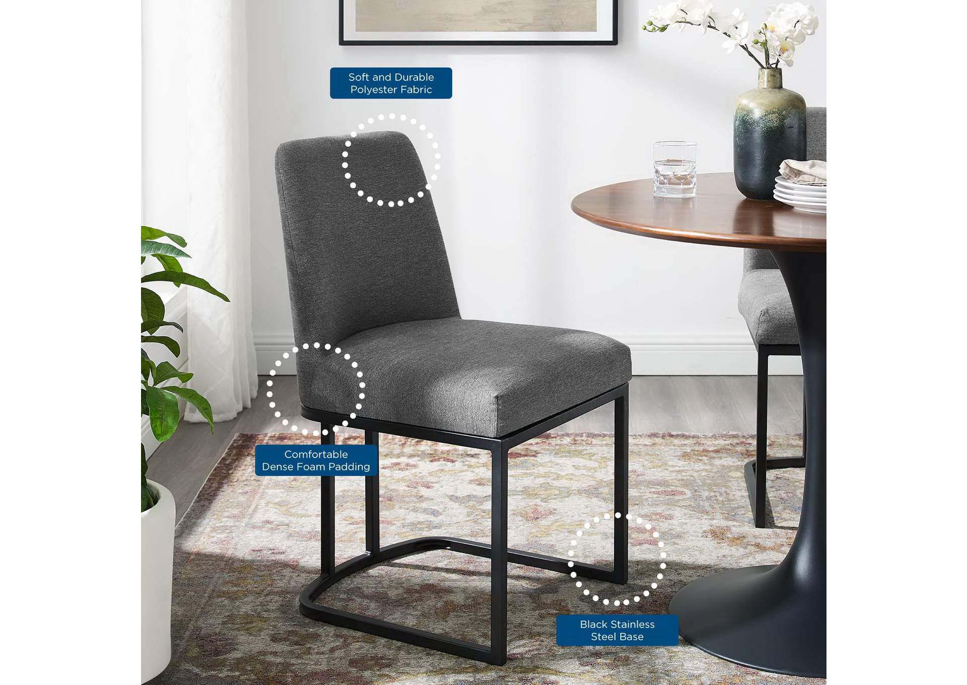 Black Charcoal Amplify Sled Base Upholstered Fabric Dining Side Chair,Modway