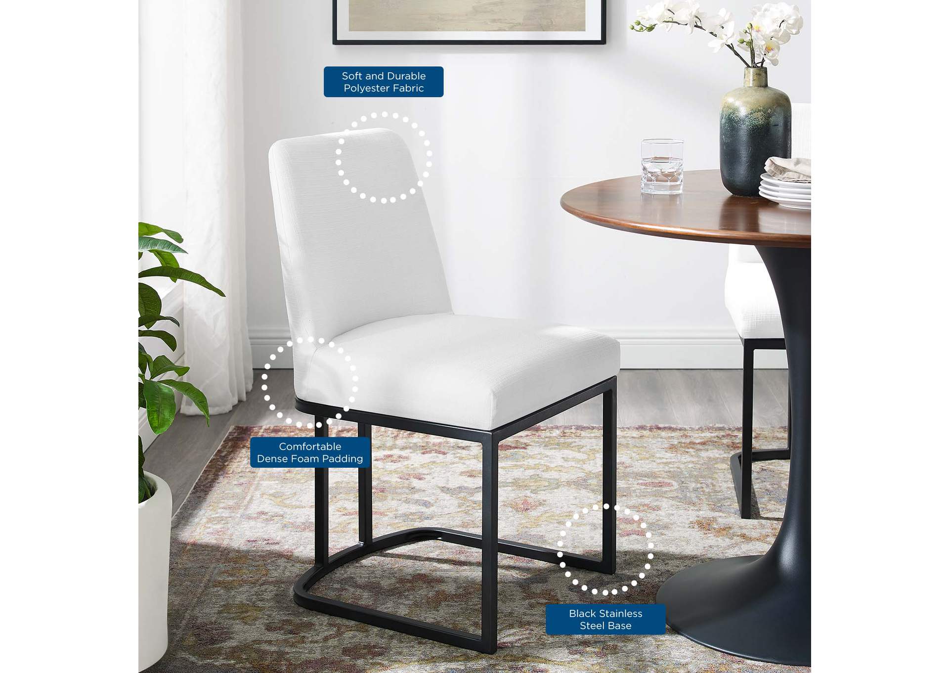 Black White Amplify Sled Base Upholstered Fabric Dining Side Chair,Modway