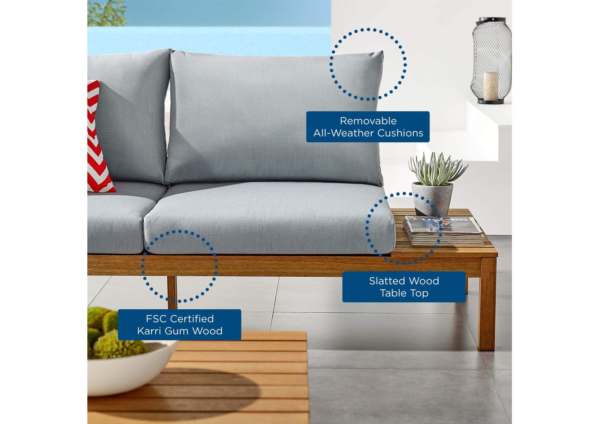Natural Light Blue Freeport 3 Piece Outdoor Patio Karri Wood Sectional,Modway