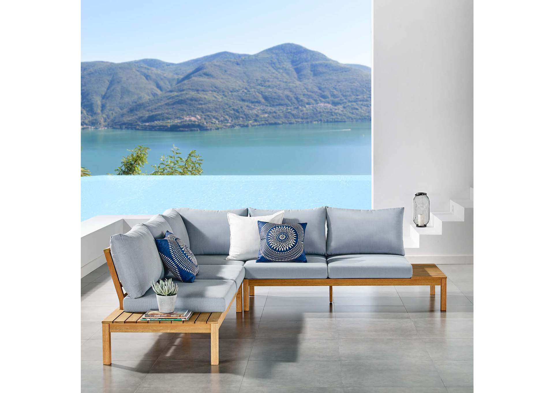 Natural Light Blue Freeport 3 Piece Outdoor Patio Karri Wood Sectional,Modway