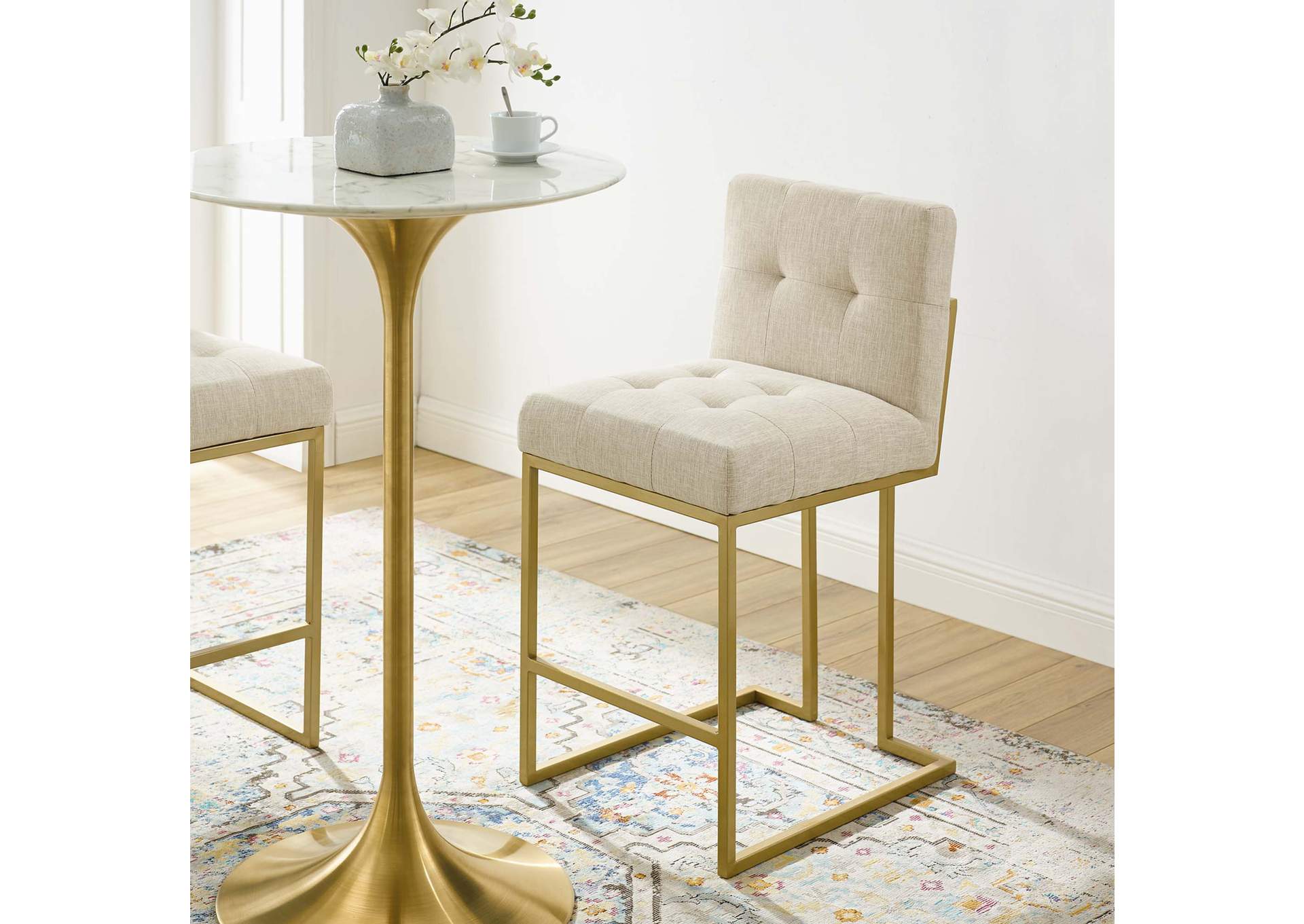 Gold Beige Privy Gold Stainless Steel Upholstered Fabric Counter Stool,Modway