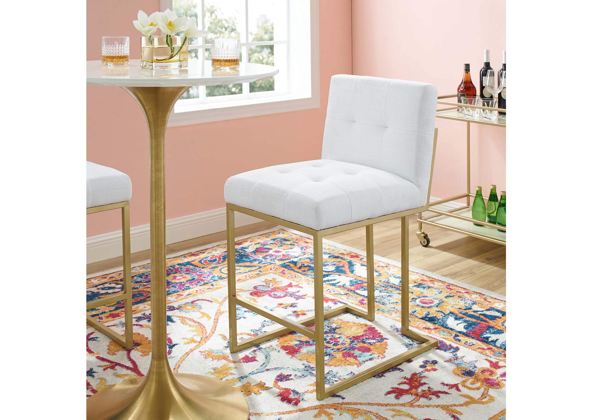 Gold White Privy Gold Stainless Steel Upholstered Fabric Counter Stool,Modway