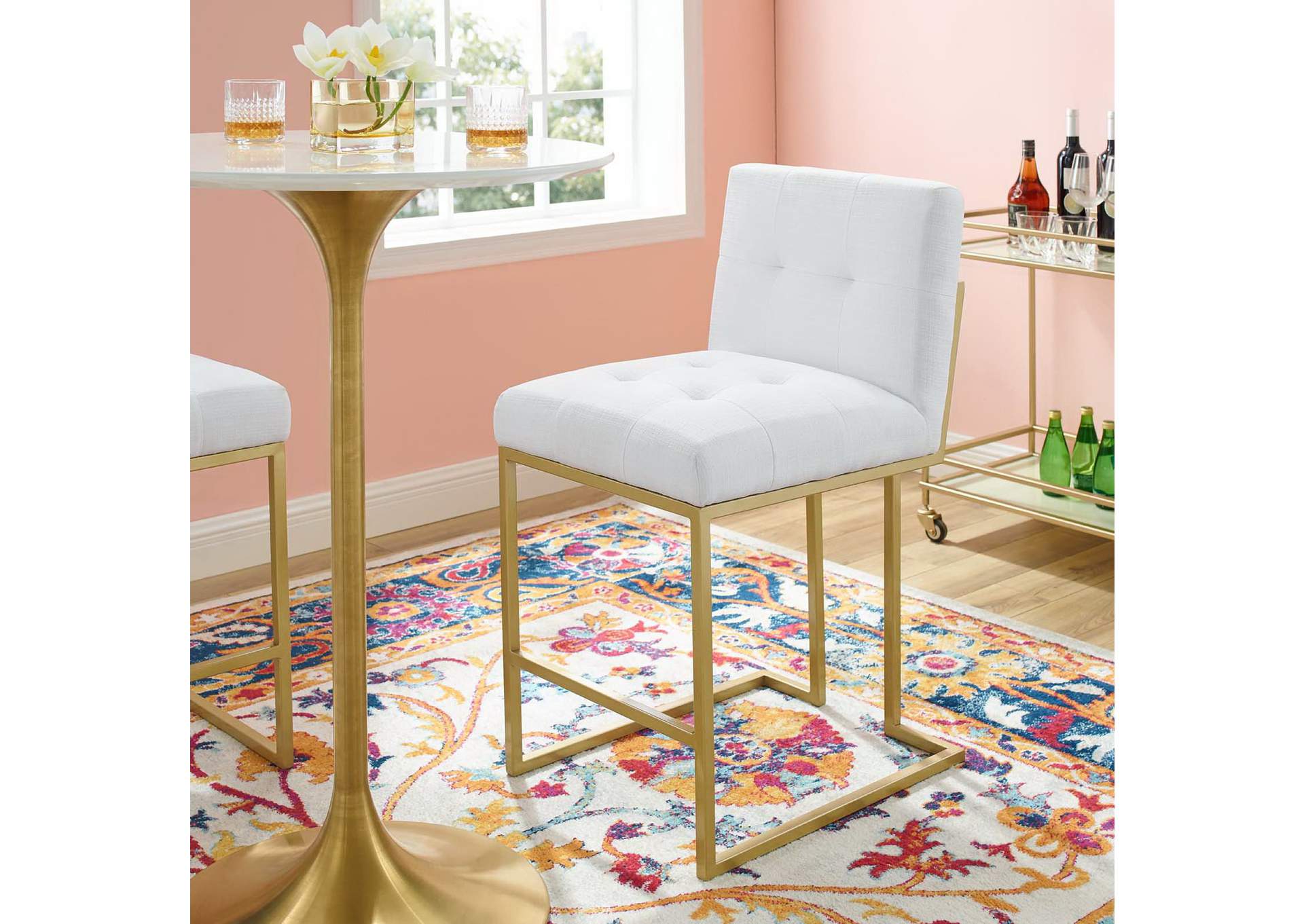 Gold White Privy Gold Stainless Steel Upholstered Fabric Counter Stool,Modway