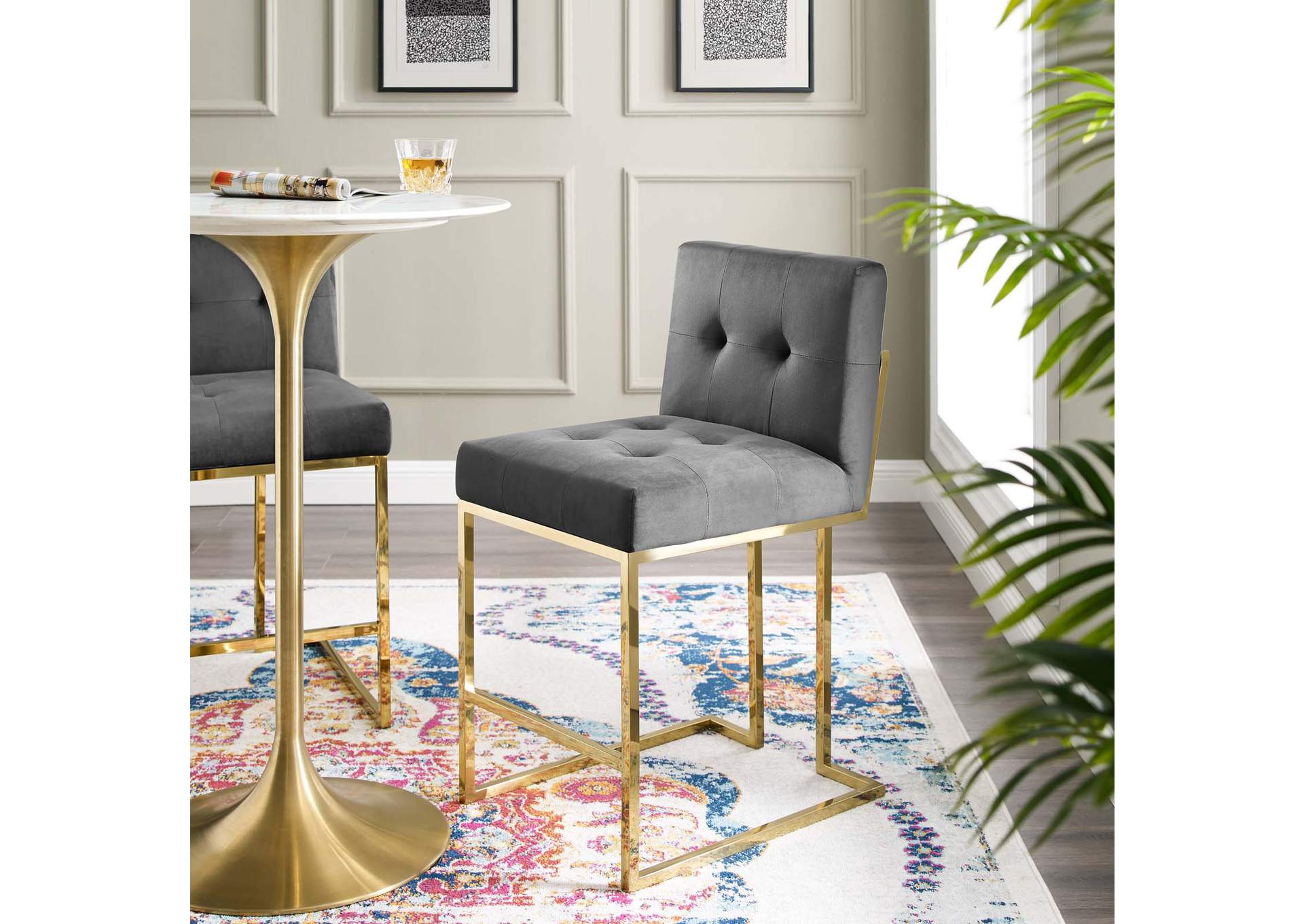 Gold Charcoal Privy Gold Stainless Steel Performance Velvet Counter Stool,Modway