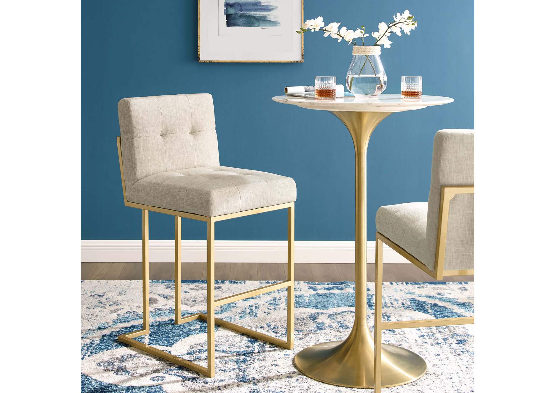 Gold Beige Privy Gold Stainless Steel Upholstered Fabric Bar Stool,Modway