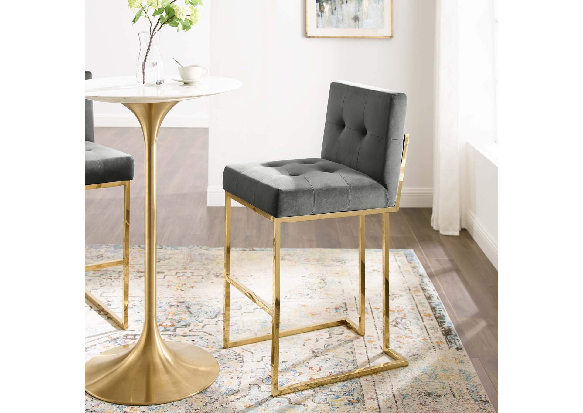 Gold Charcoal Privy Gold Stainless Steel Performance Velvet Bar Stool,Modway