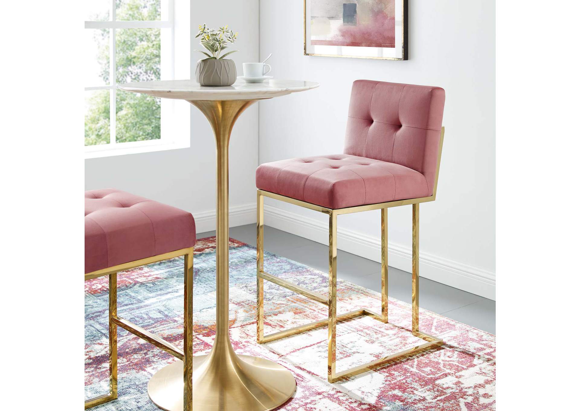 Gold Dusty Rose Privy Gold Stainless Steel Performance Velvet Bar Stool,Modway